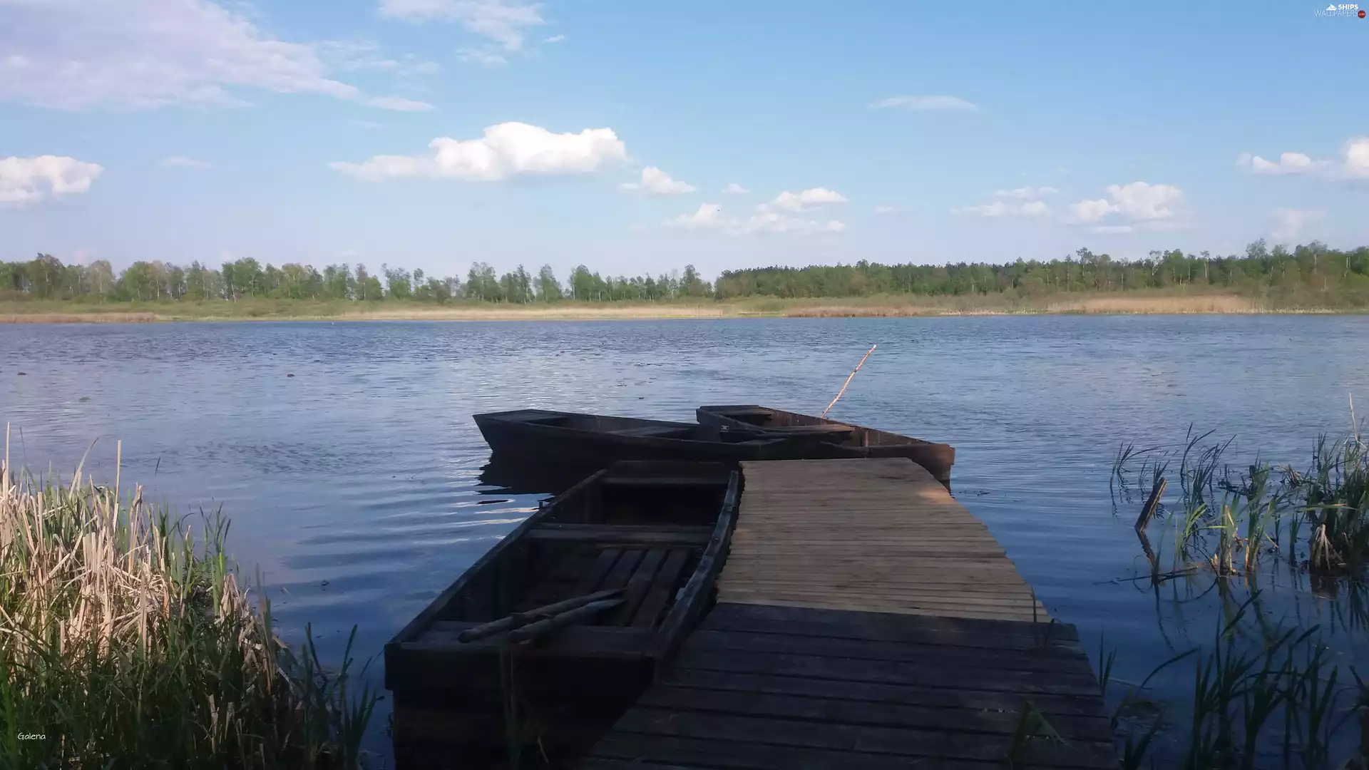 boats, lake, Platform