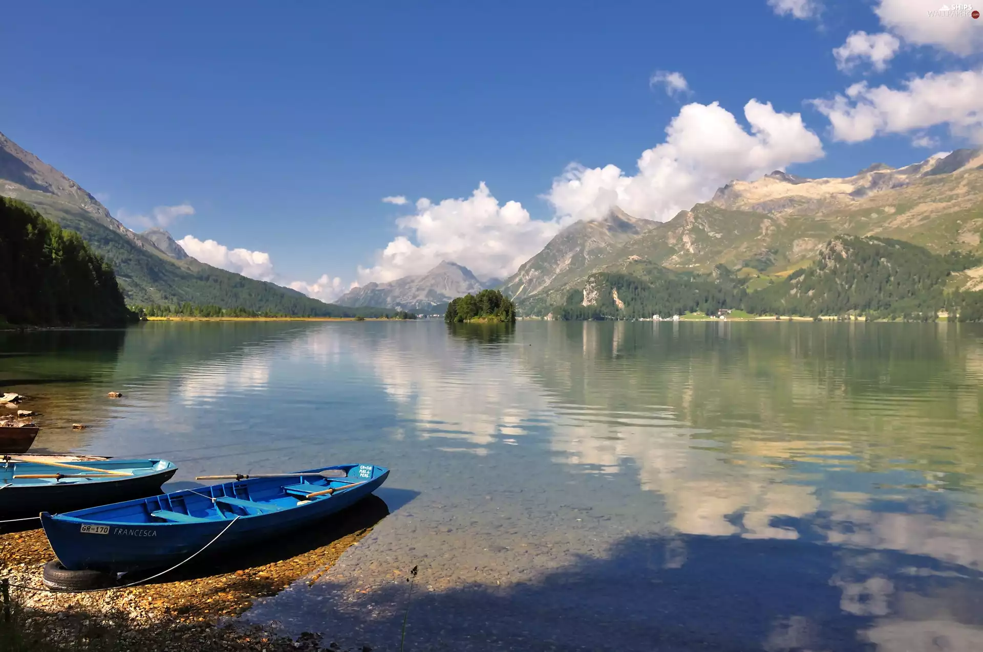 Mountains, lake, reflection, Islet, clouds, maria, Segl, boats