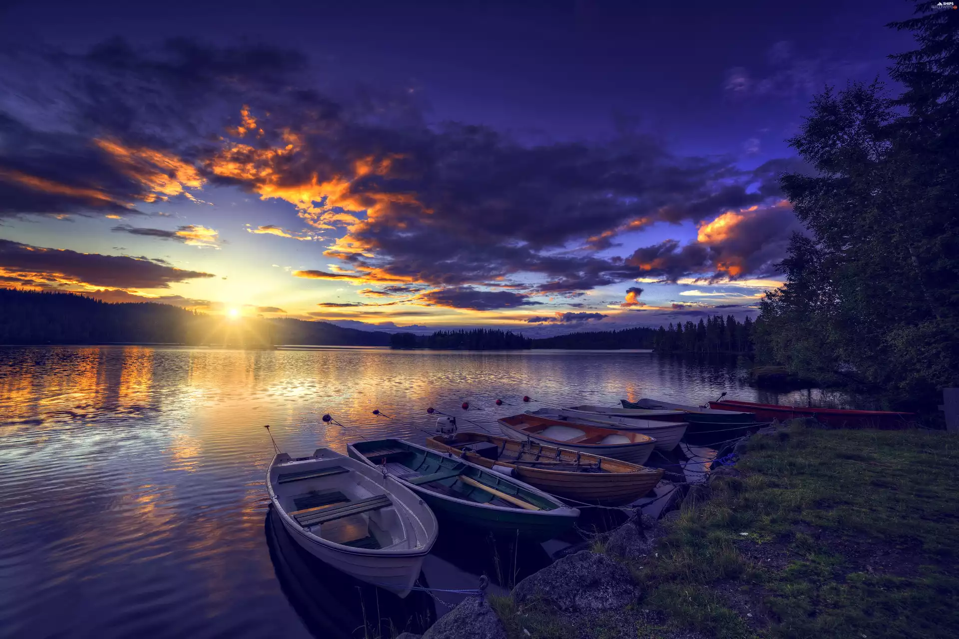 River, Sunrise, clouds, boats