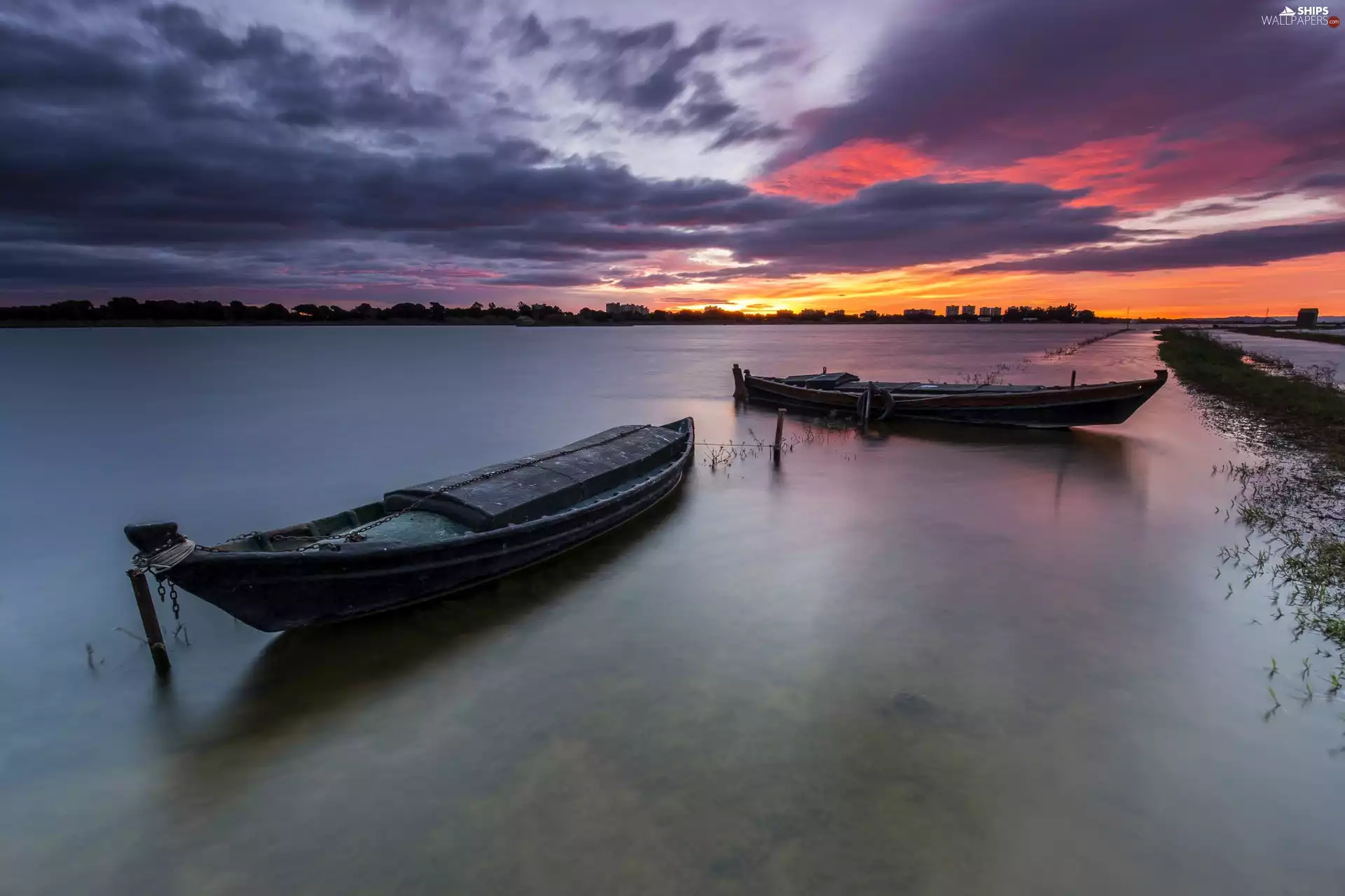 sun, boats, River, west, Spain