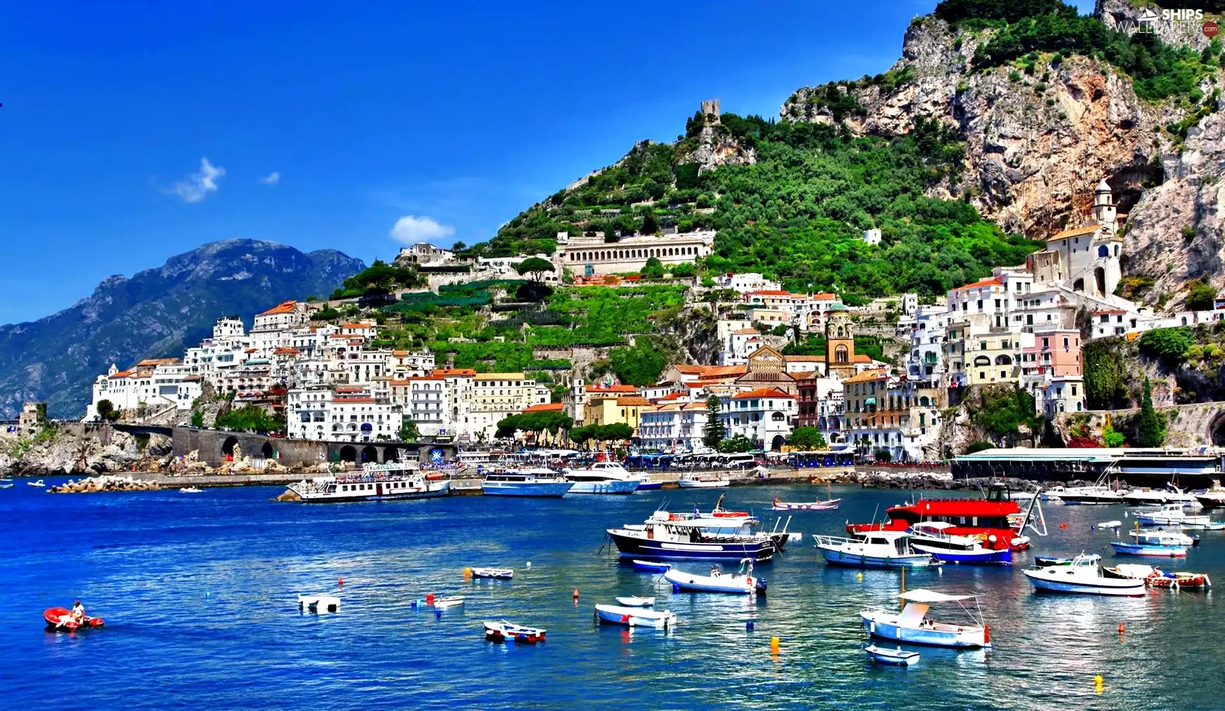 Mountains, Italy, Yachts, boats, motorboat, Salerno