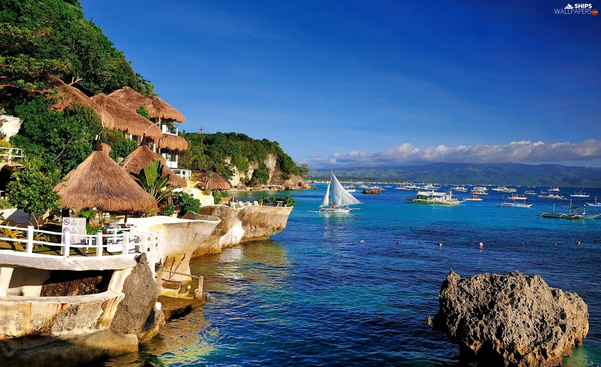 sea, Mountains, Boats, Coast