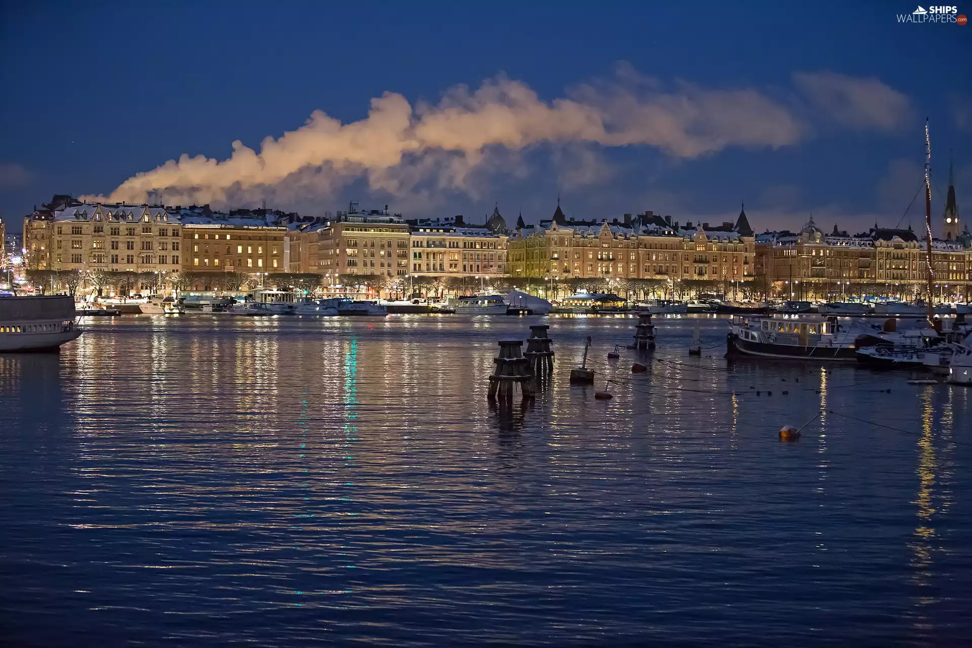 Town, Sweden, sea, Boats, Night, Stockholm