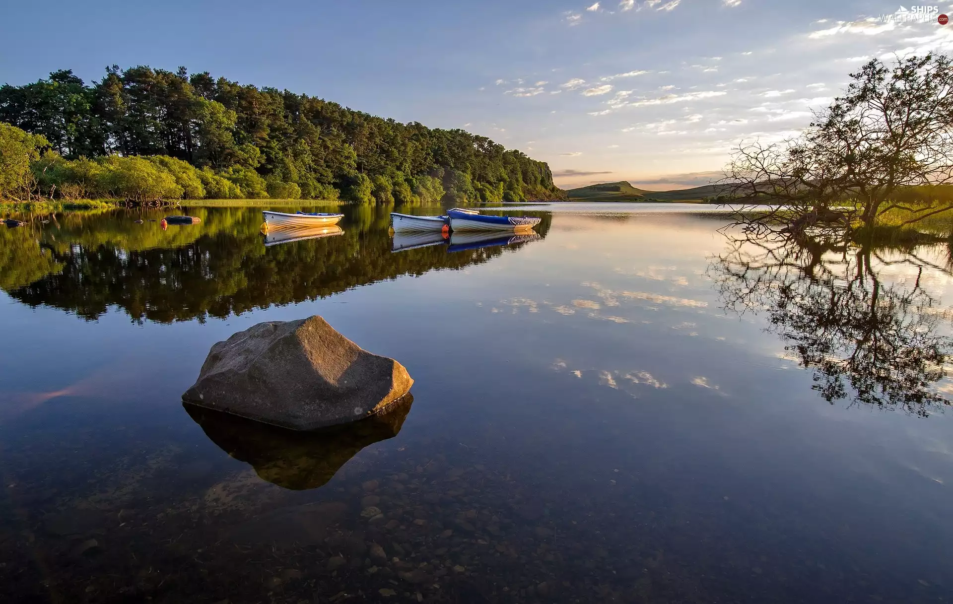 boats, lake, Stone