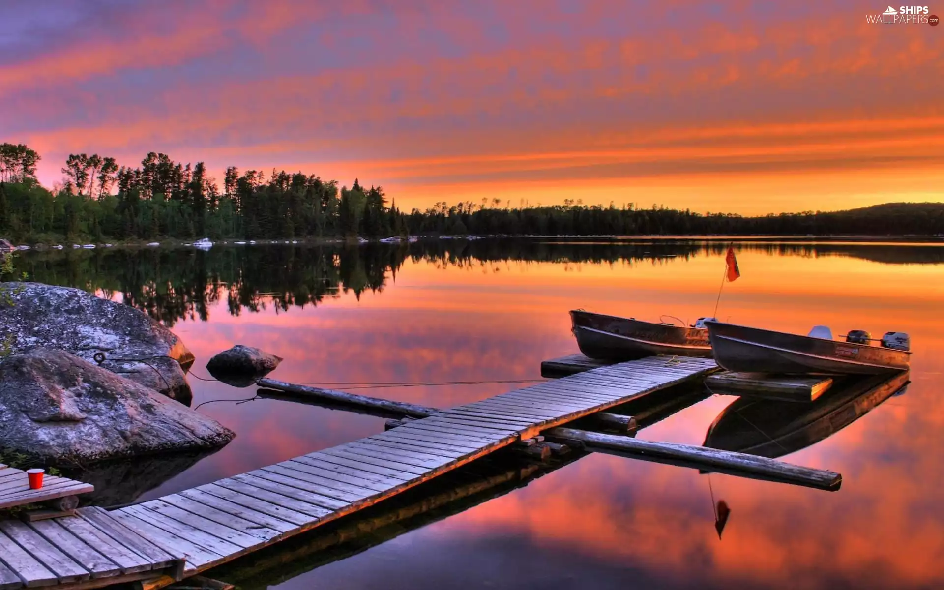 lake, boats, Stones, Great Sunsets