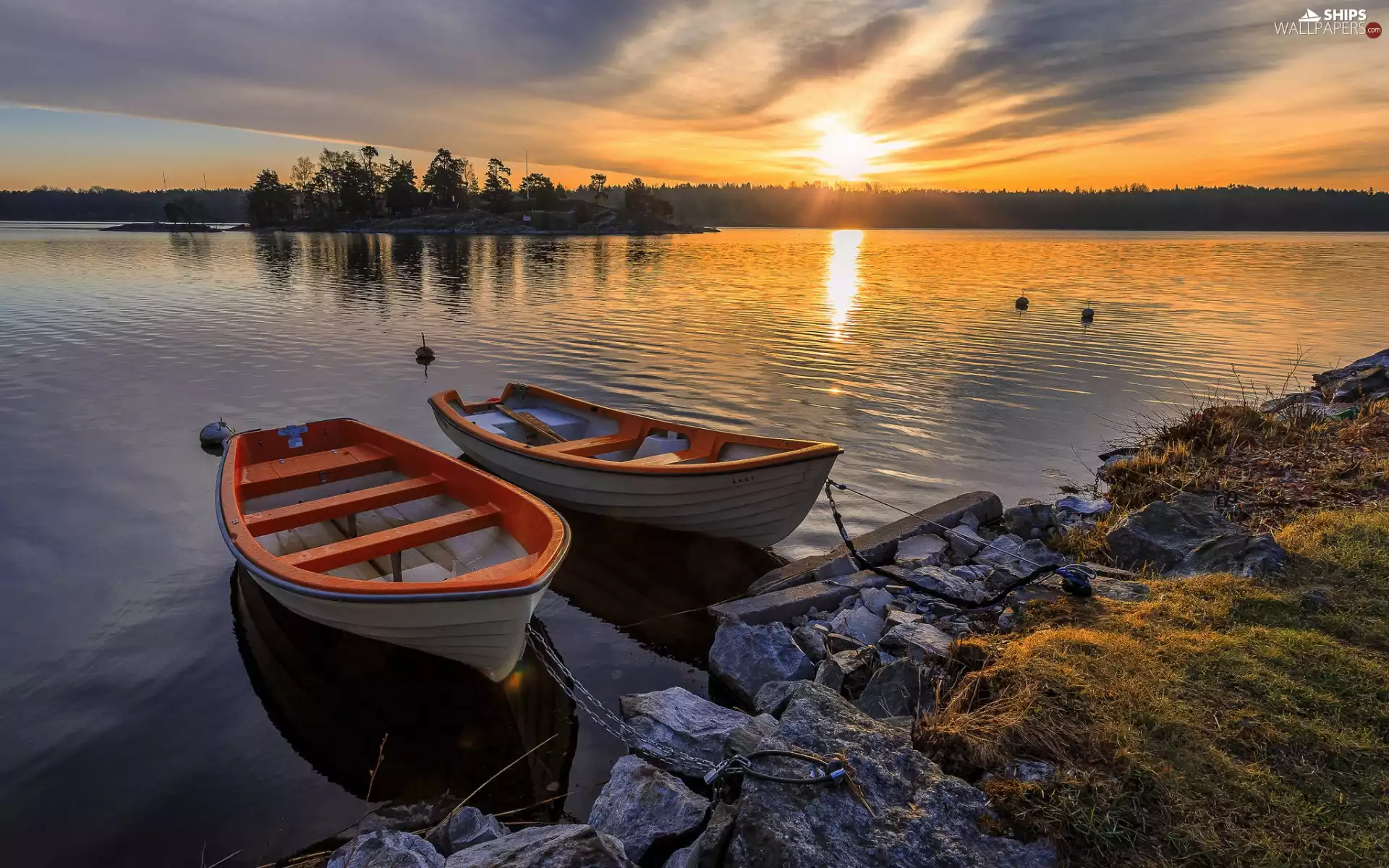 coast, Stones, lake, boats, Great Sunsets