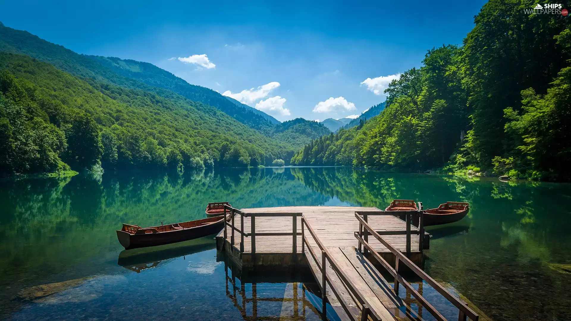 Mountains, Platform, trees, boats, lake, forest, viewes