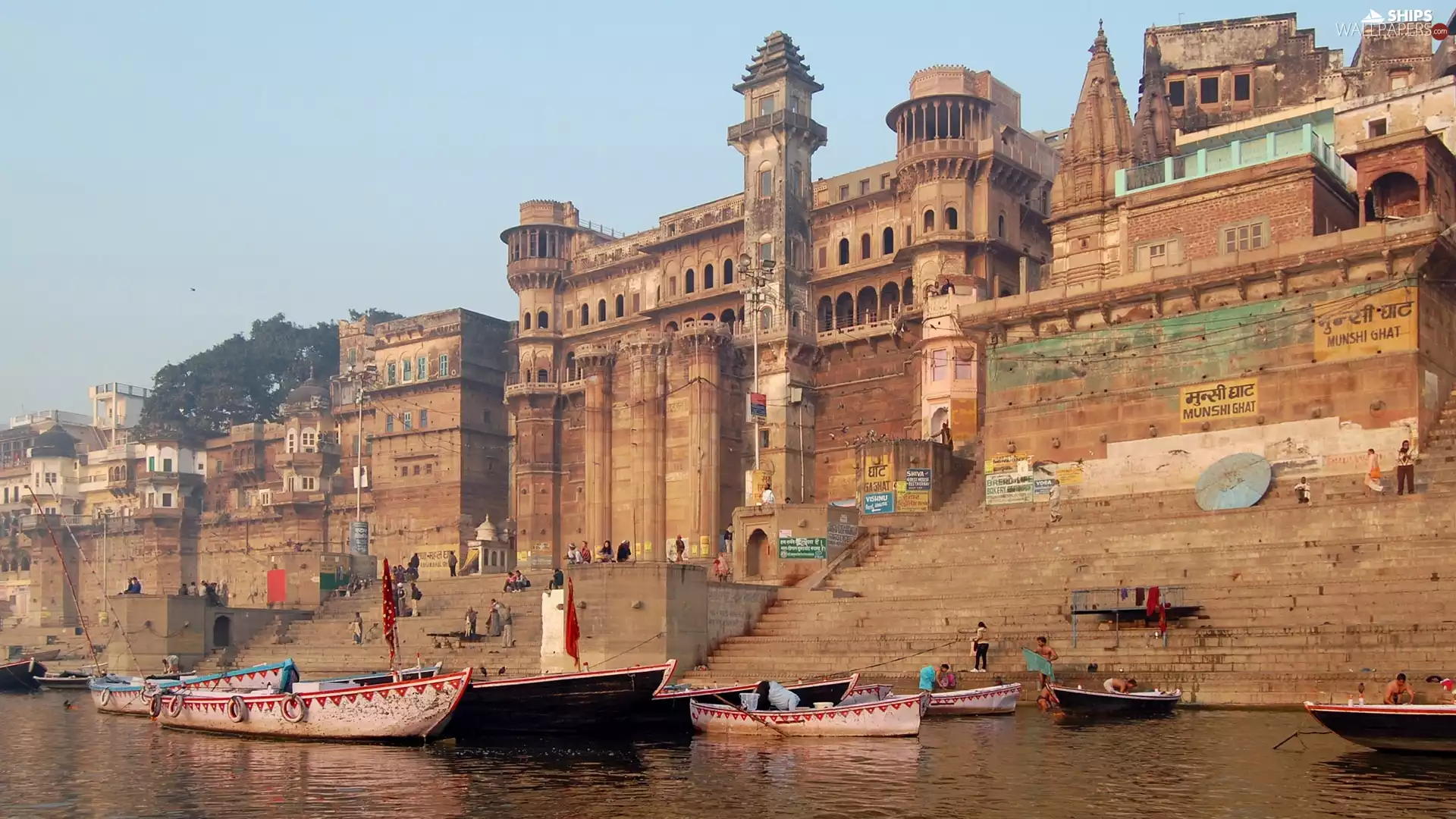 palace, india, People, boats, River, Varanasi