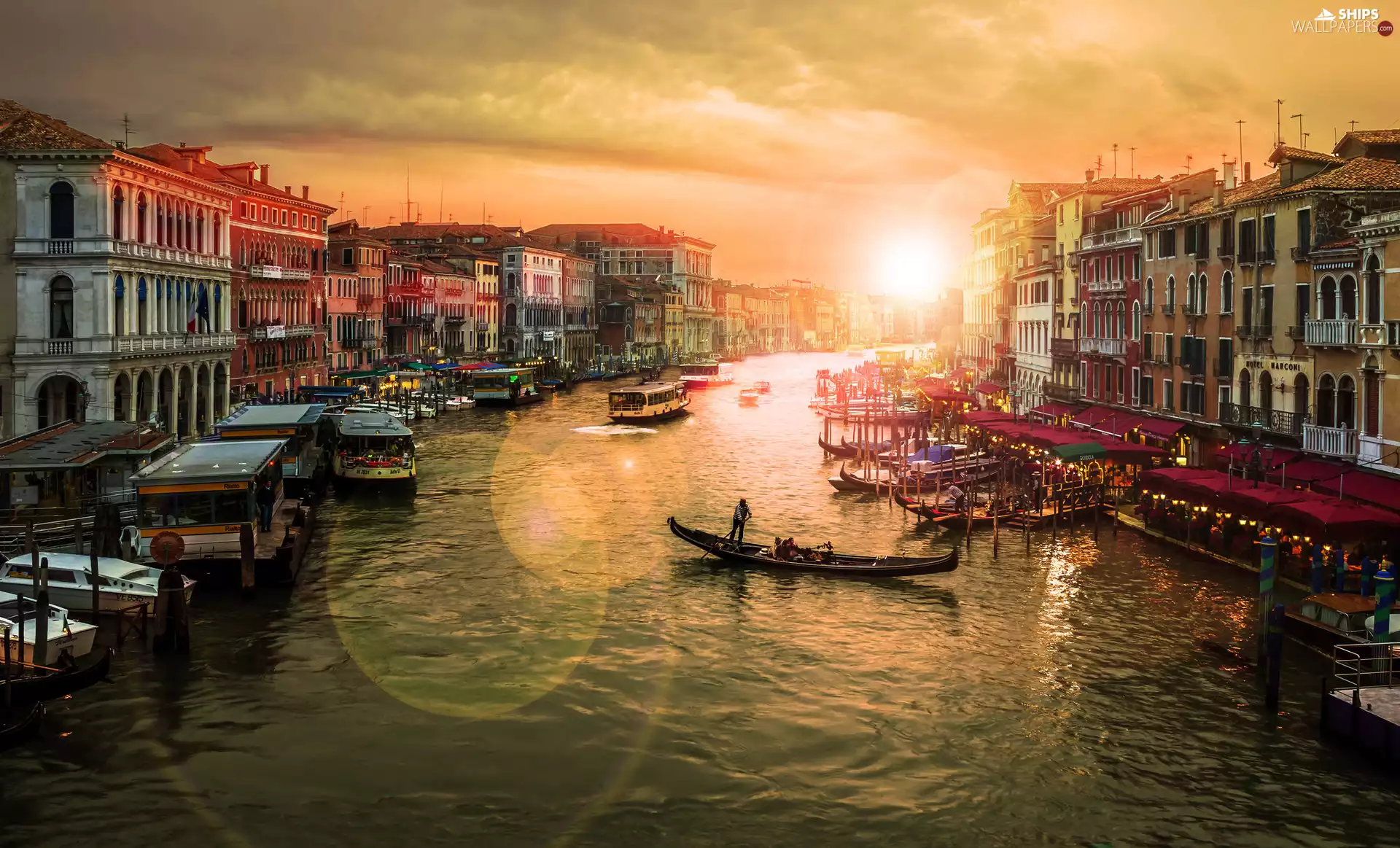 Boats, Strait Grand Canal, Houses, canal, Venice, Gondolas, Cafes