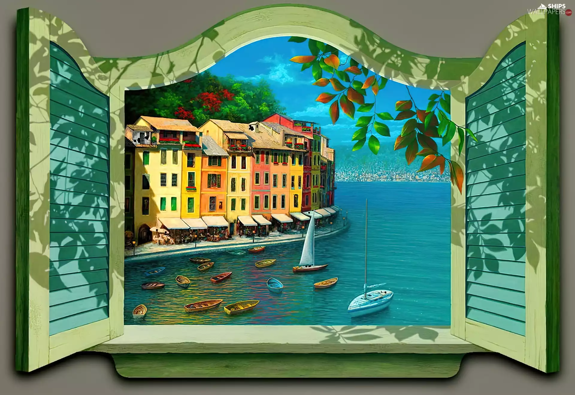 Houses, boats, View, Coast, Window