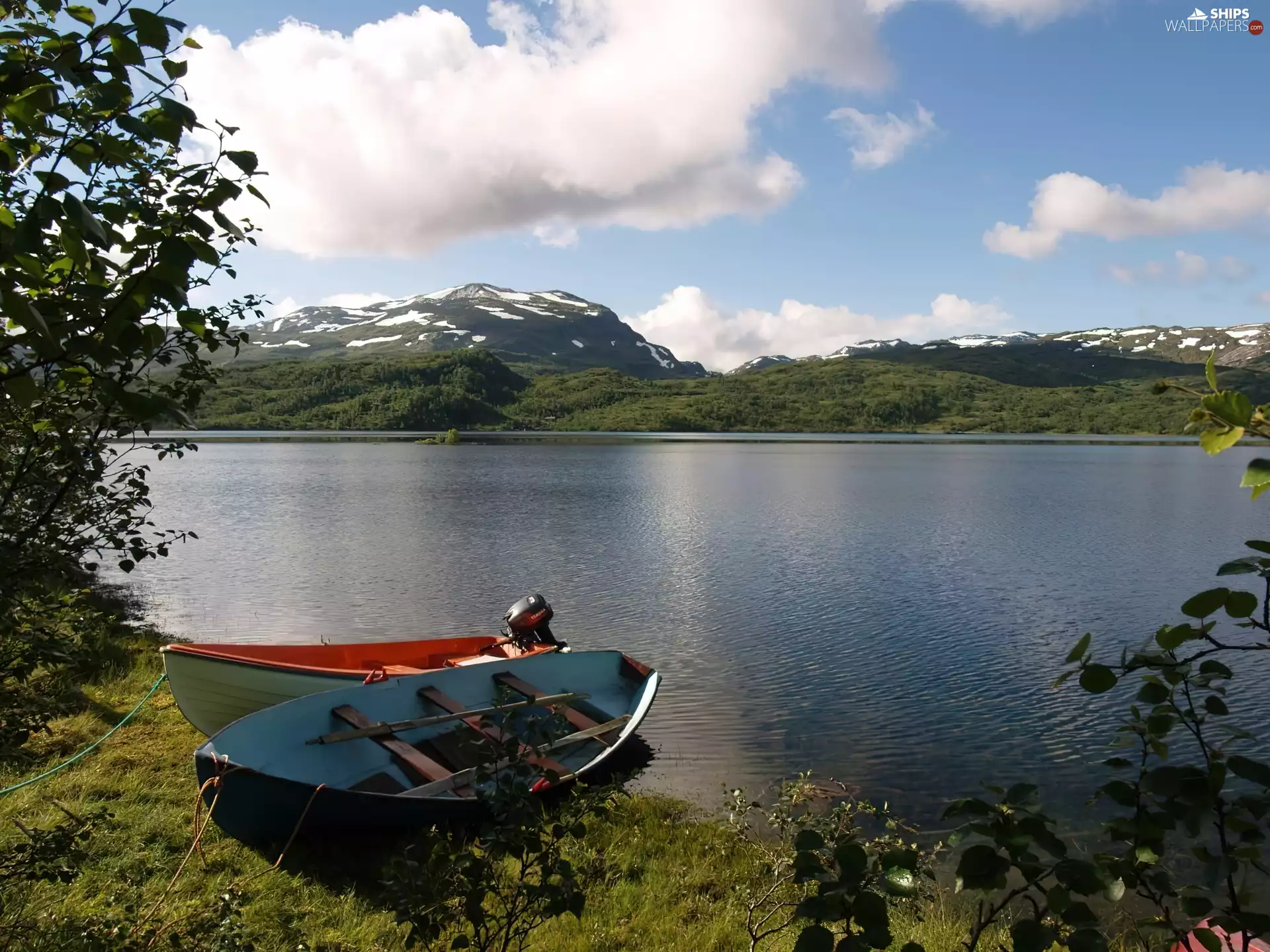water, Mountains, green, boats