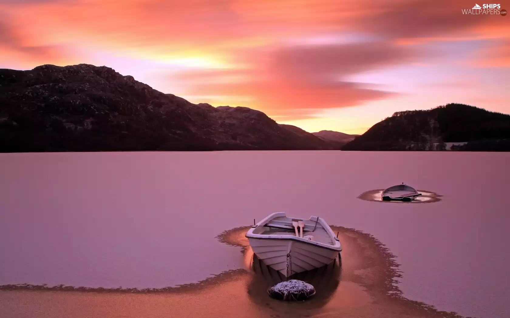 lake, boats, west, frozen, Mountains