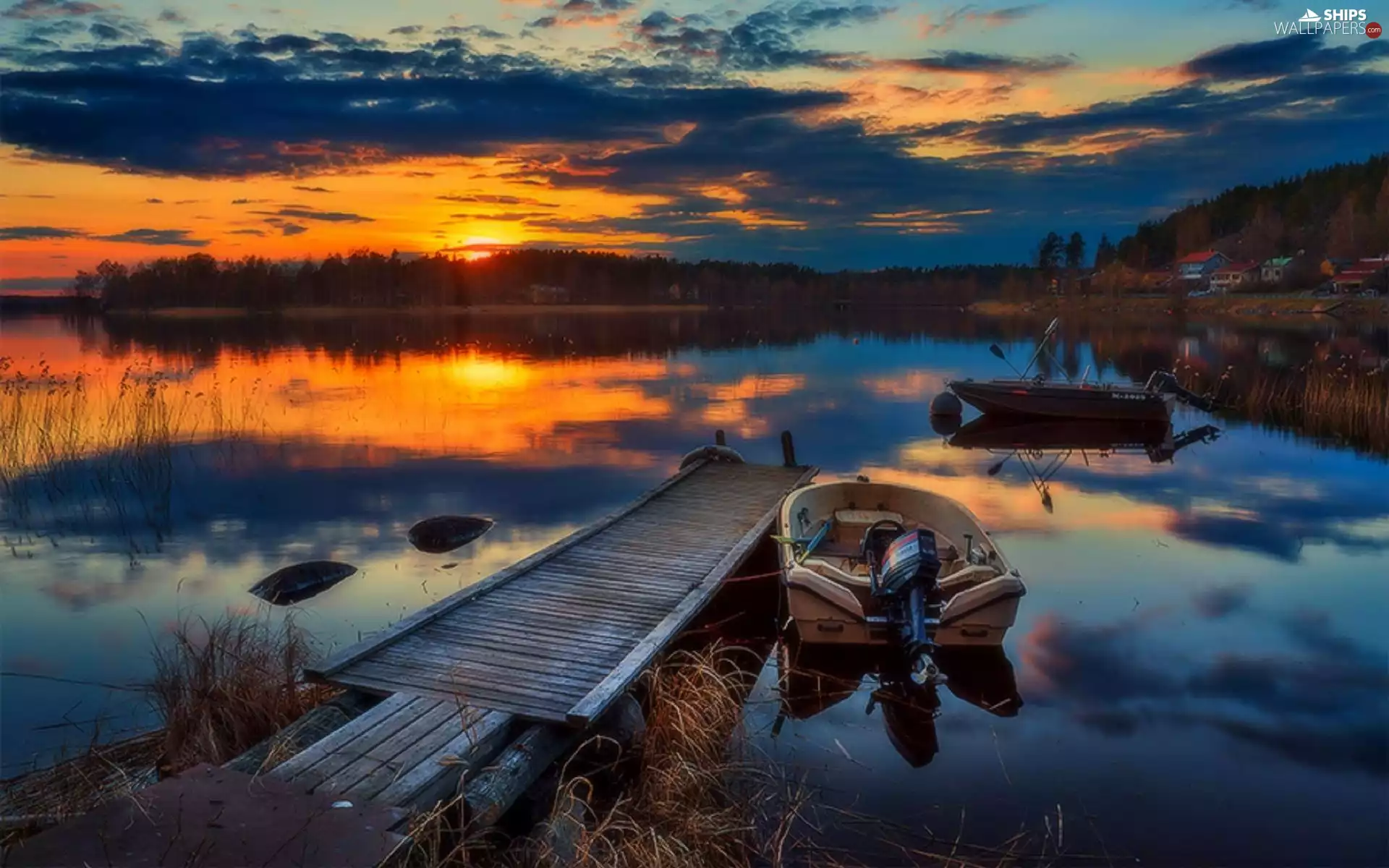 woods, Platform, west, boats, lake, Houses, sun