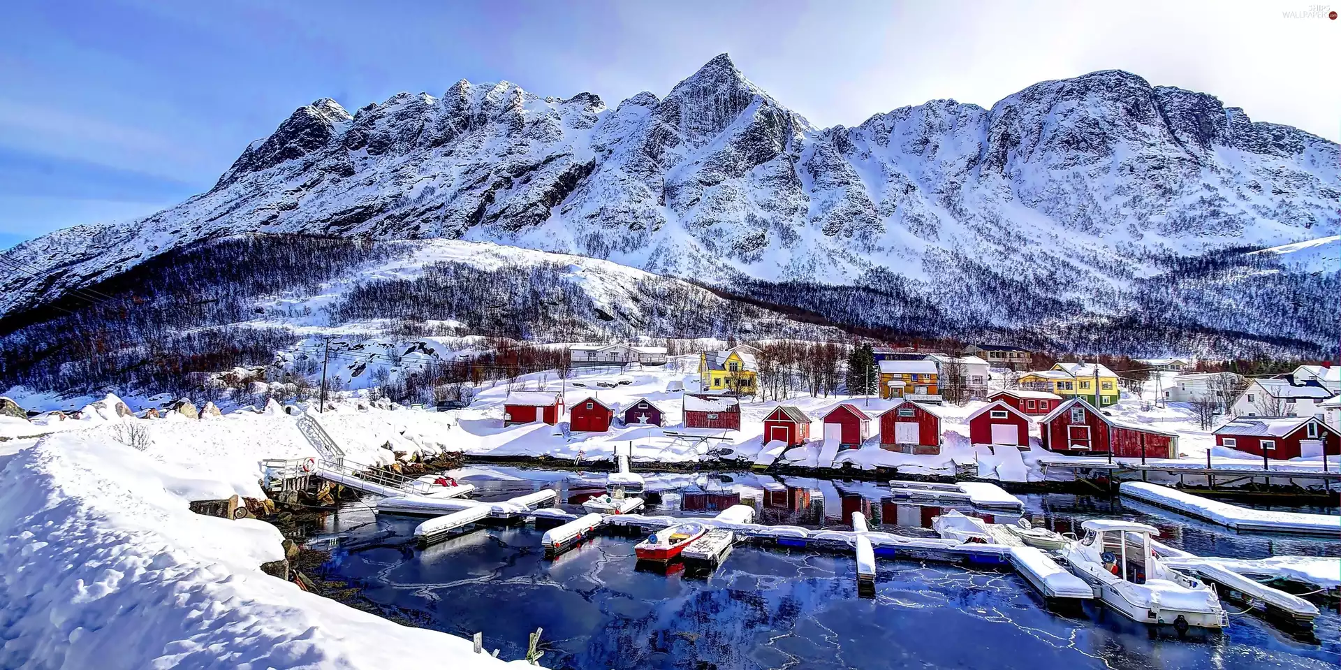 colony, Houses, winter, port, Norway, woods, Mountains, Boats