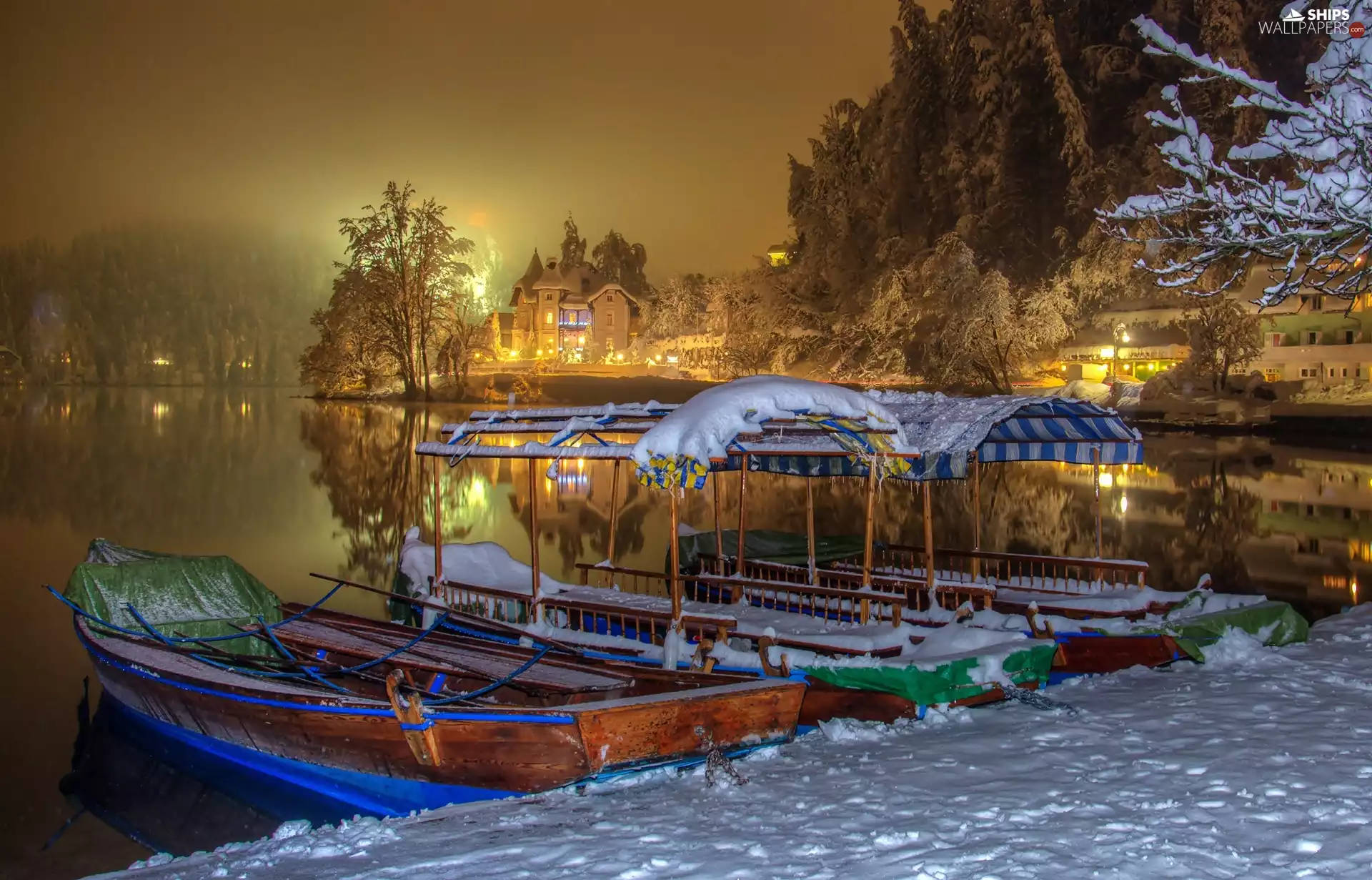 winter, River, Houses, Boats