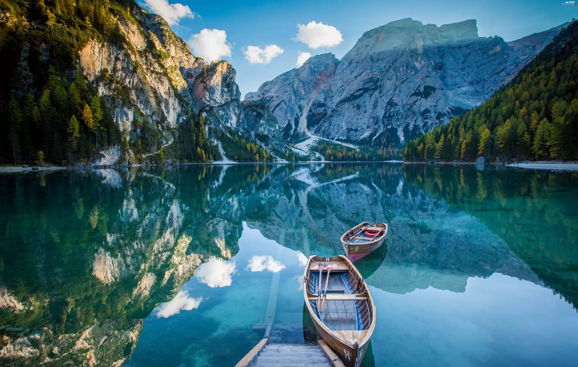 Val Pusteria, Italy, Pragser Wildsee Lake, boats, Val di Braies, Dolomites Mountains