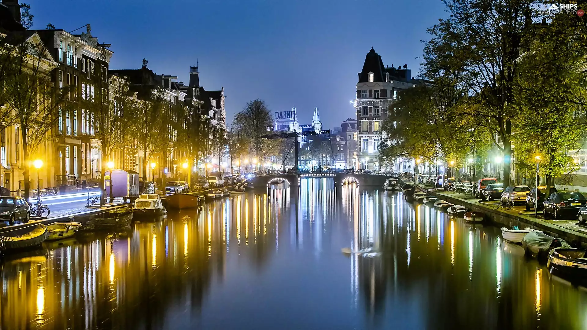 apartment house, Amsterdam, bridge, boats, canal, night