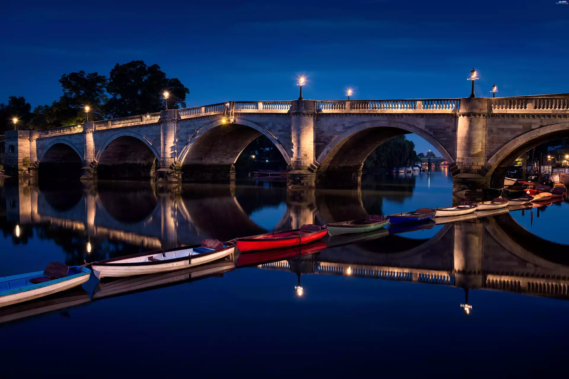 boats, Great Britain, bridge, River, evening