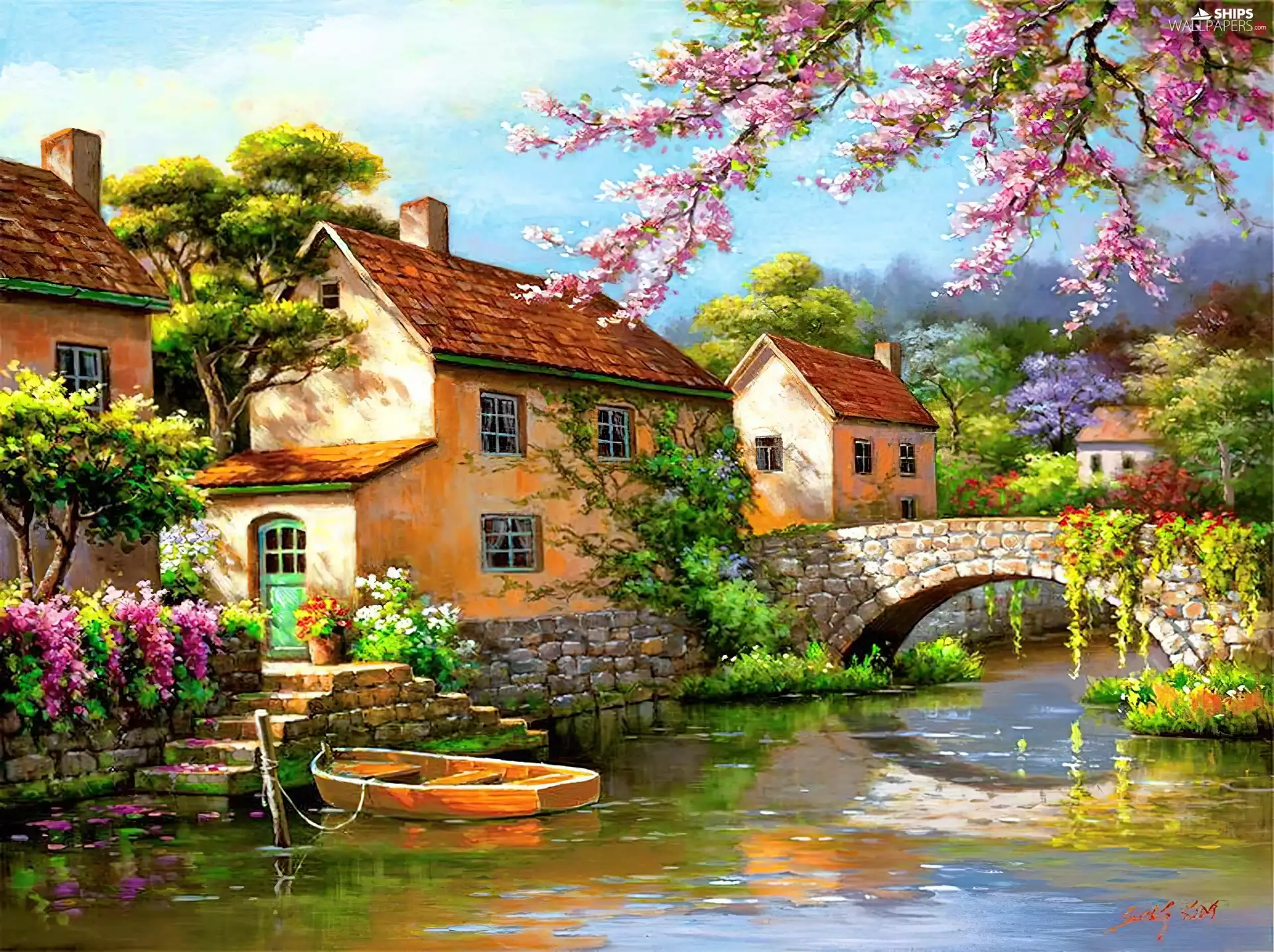 Houses, River, Boat, bridge