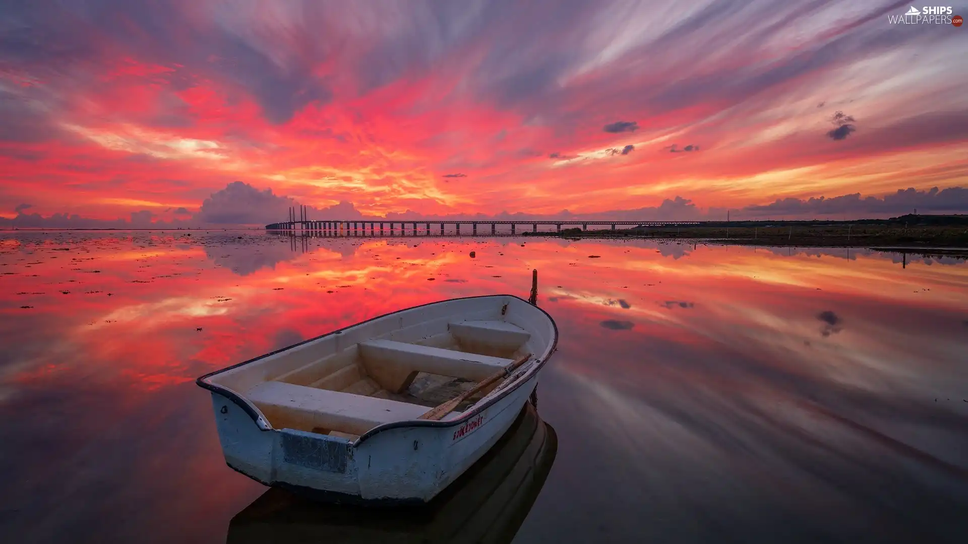 Great Sunsets, clouds, bridge, Boat, lake