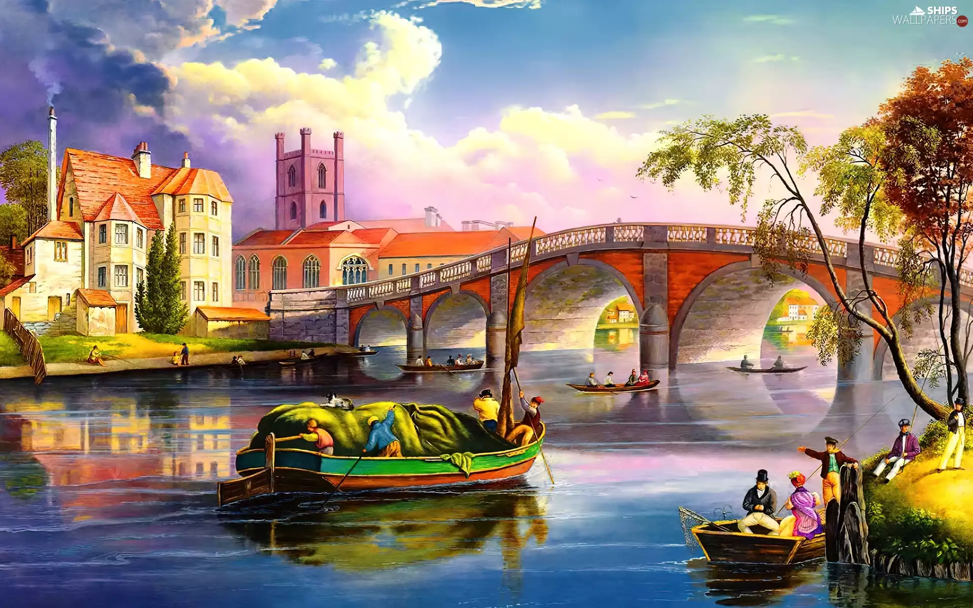 River, boats, Houses, bridge