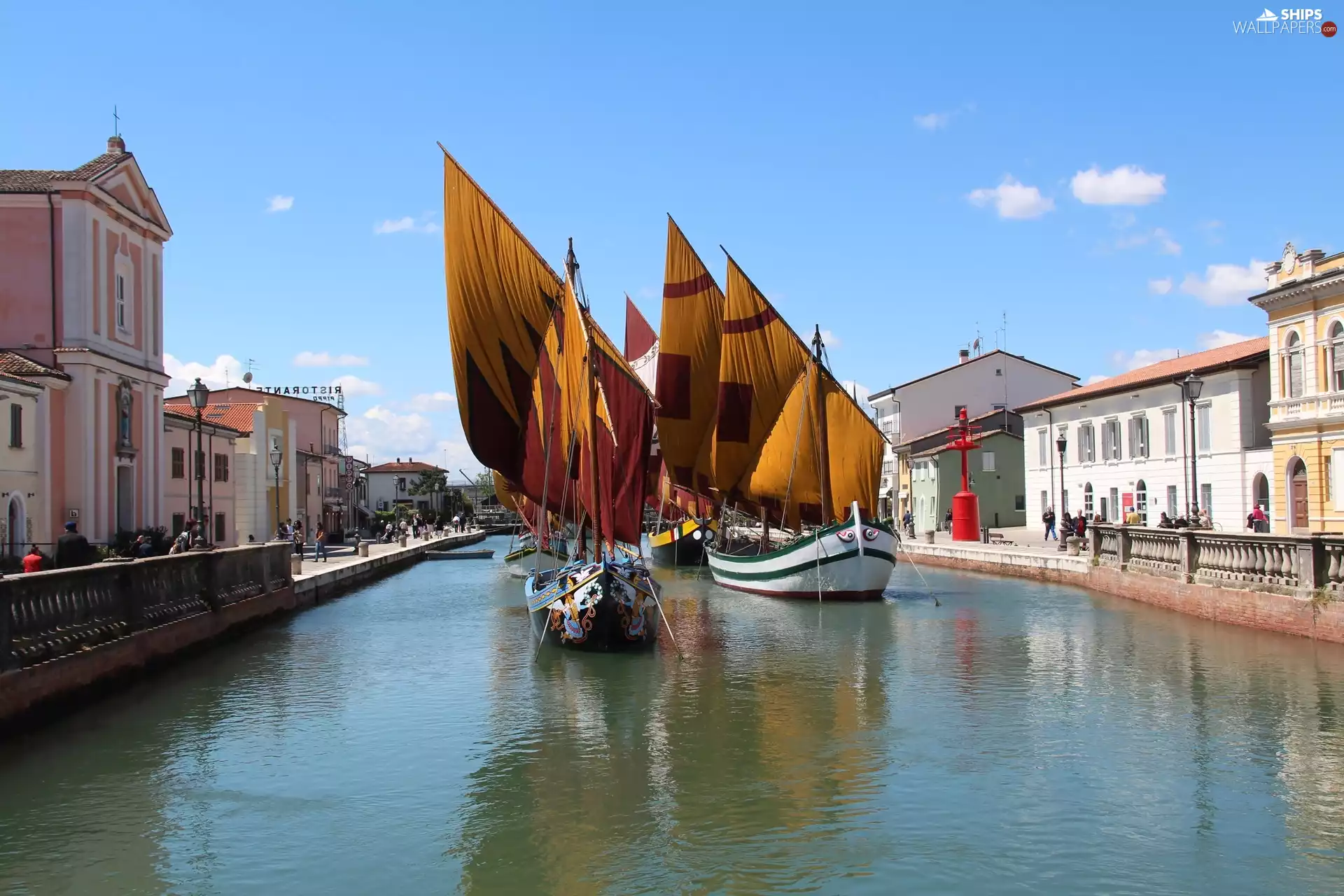 buildings, sailboats, canal