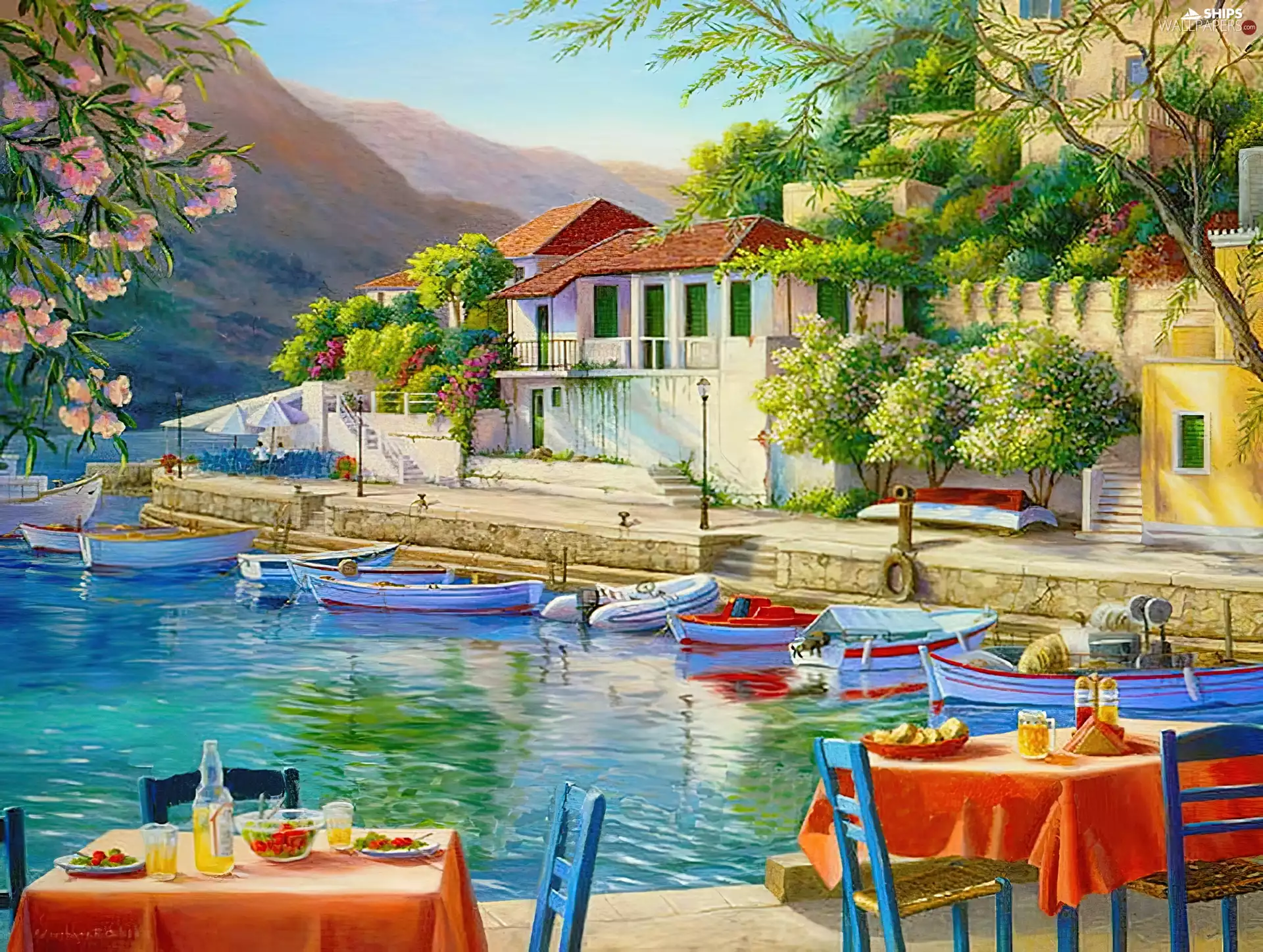 Tables, cafe, boats, Houses, wharf