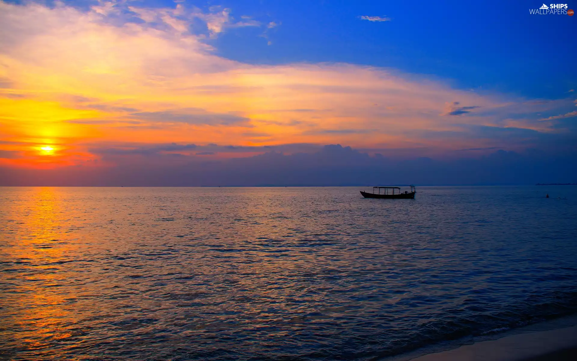 Boat, sea, sun, Cambodia, west, Waves