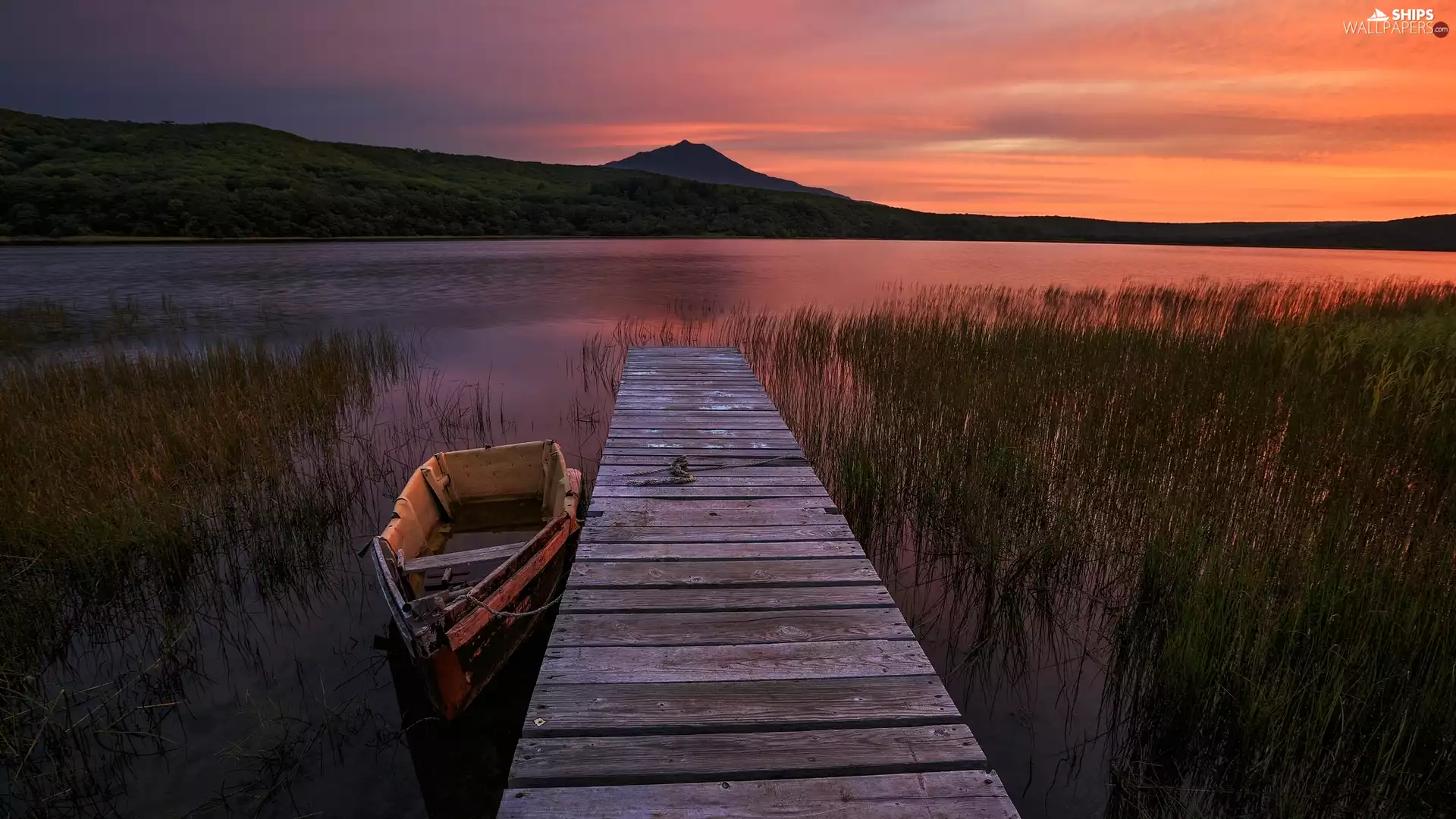 mountains, lake, Platform, cane, Boat, Great Sunsets