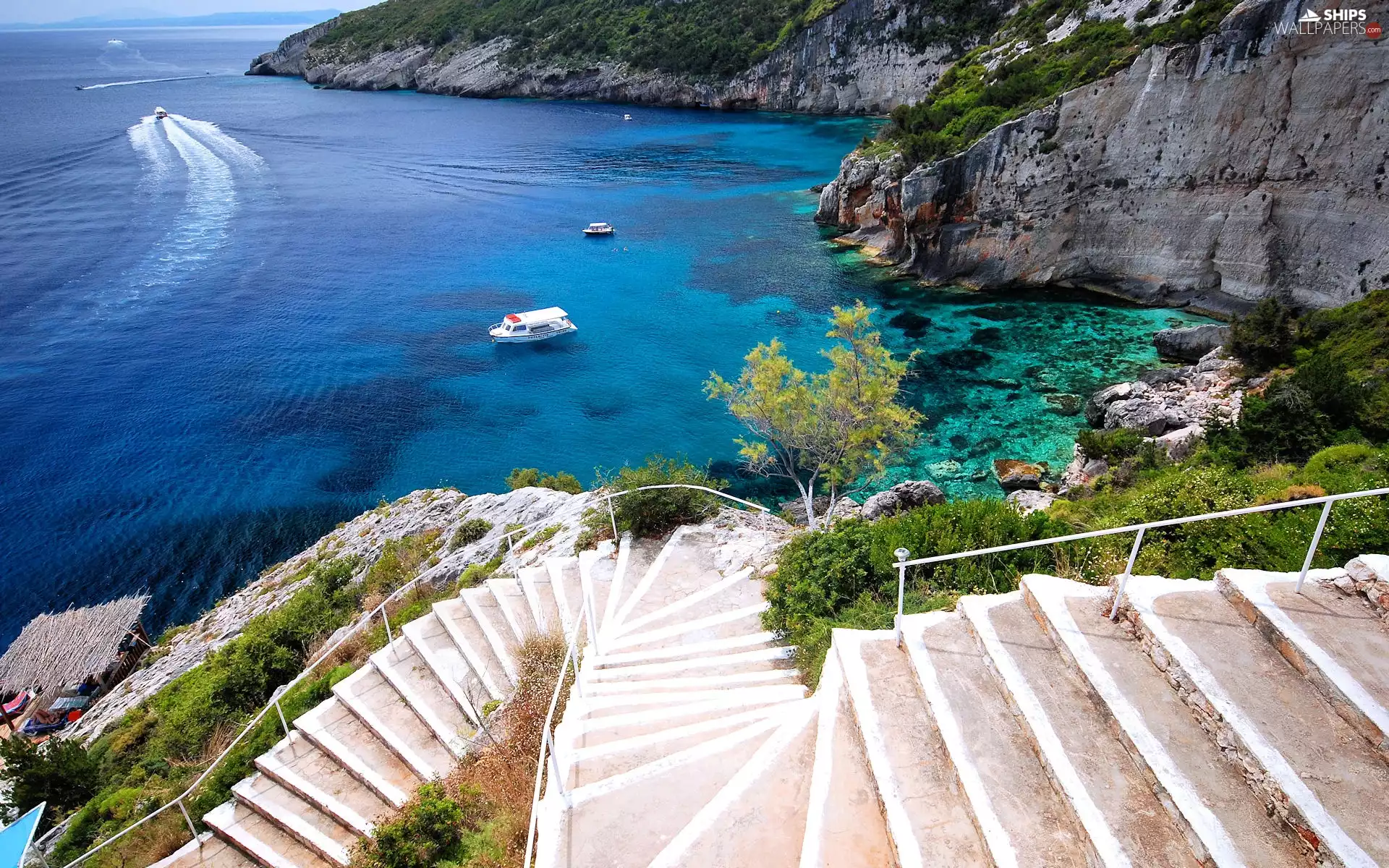 boats, Stairs, Zakynthos, Cape Skinari, Greece