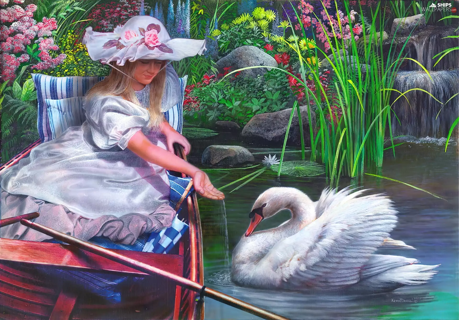 Pond - car, Boat, Swans, girl