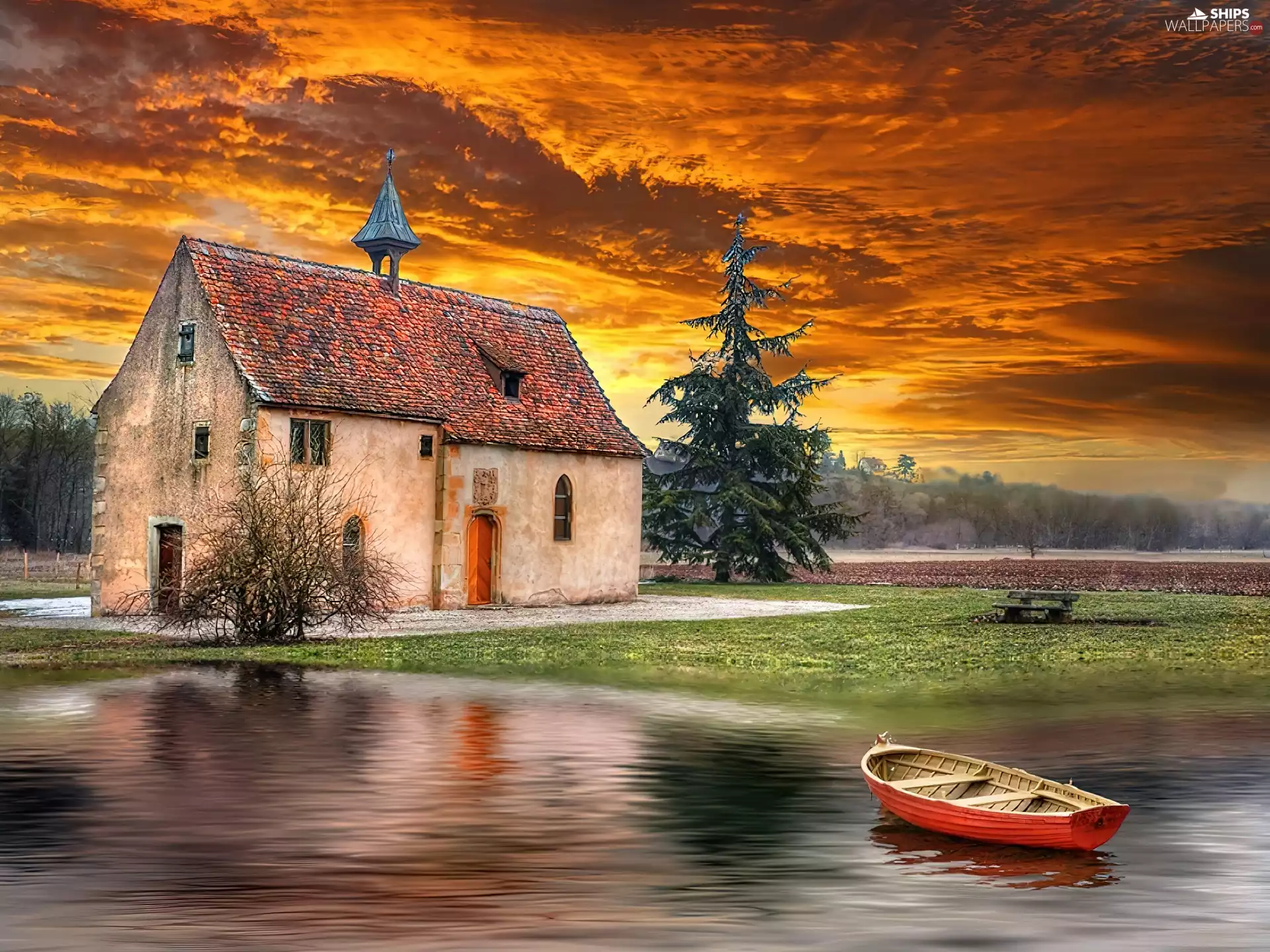 Old car, water, Boat, house