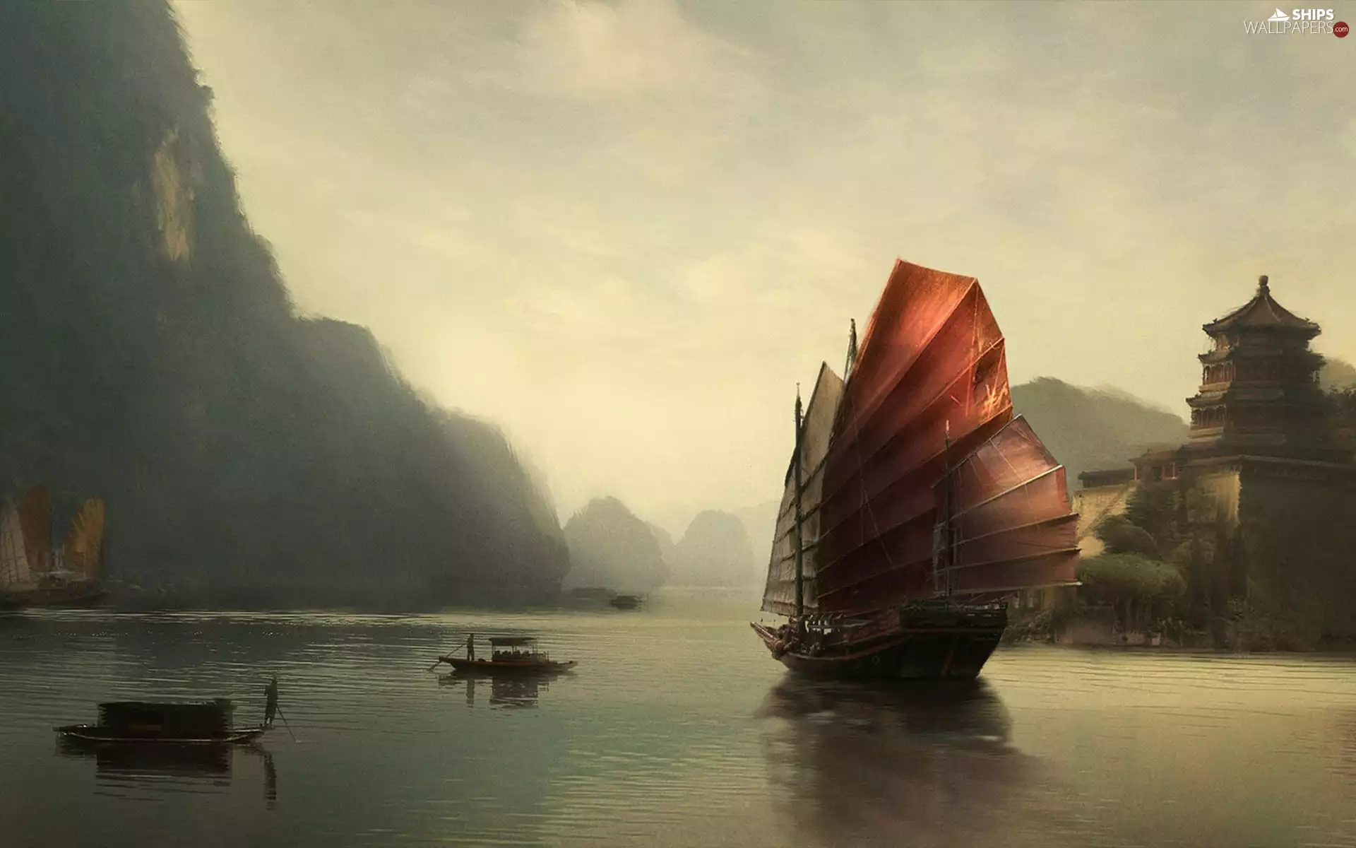 sea, Castle, Mountains, sailing vessel