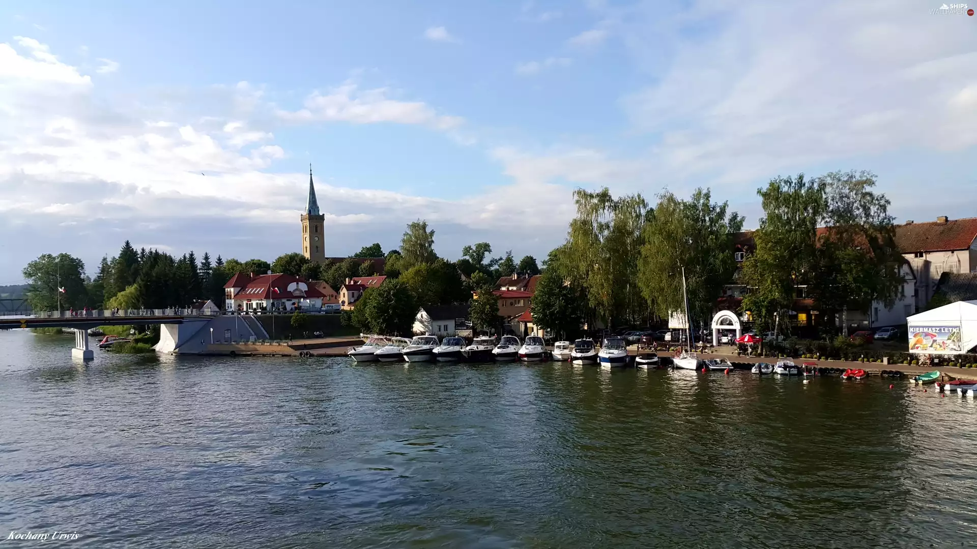 Harbour, River, tower, Church, motorboat, bridge