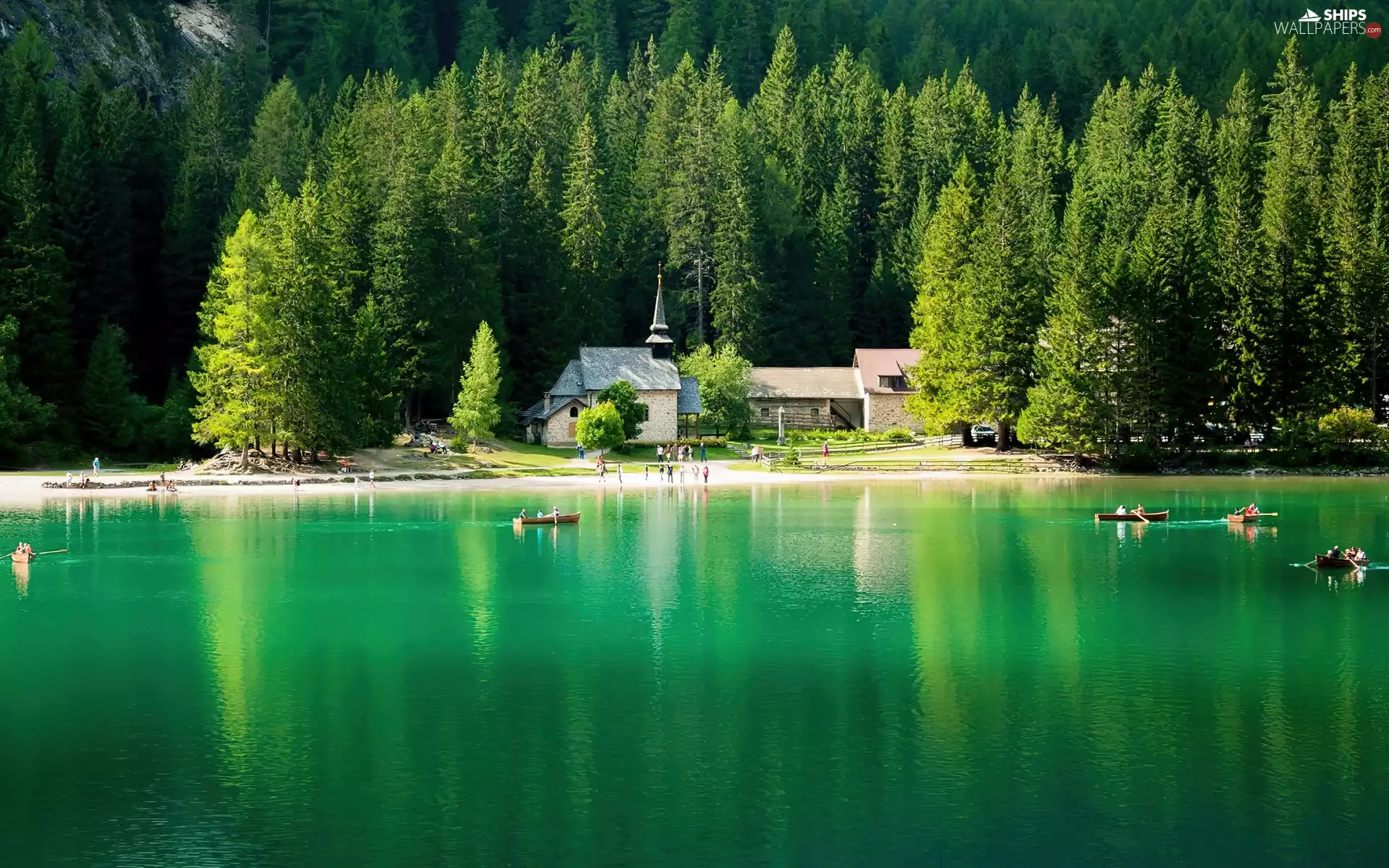 lake, boats, forest, church