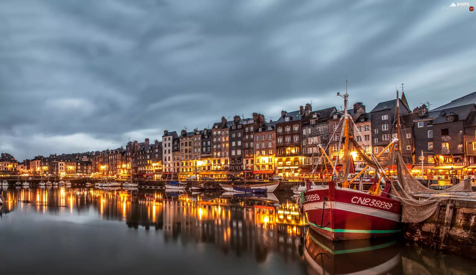 River Seine, France, Houses, clouds, Boat, Honfleur City