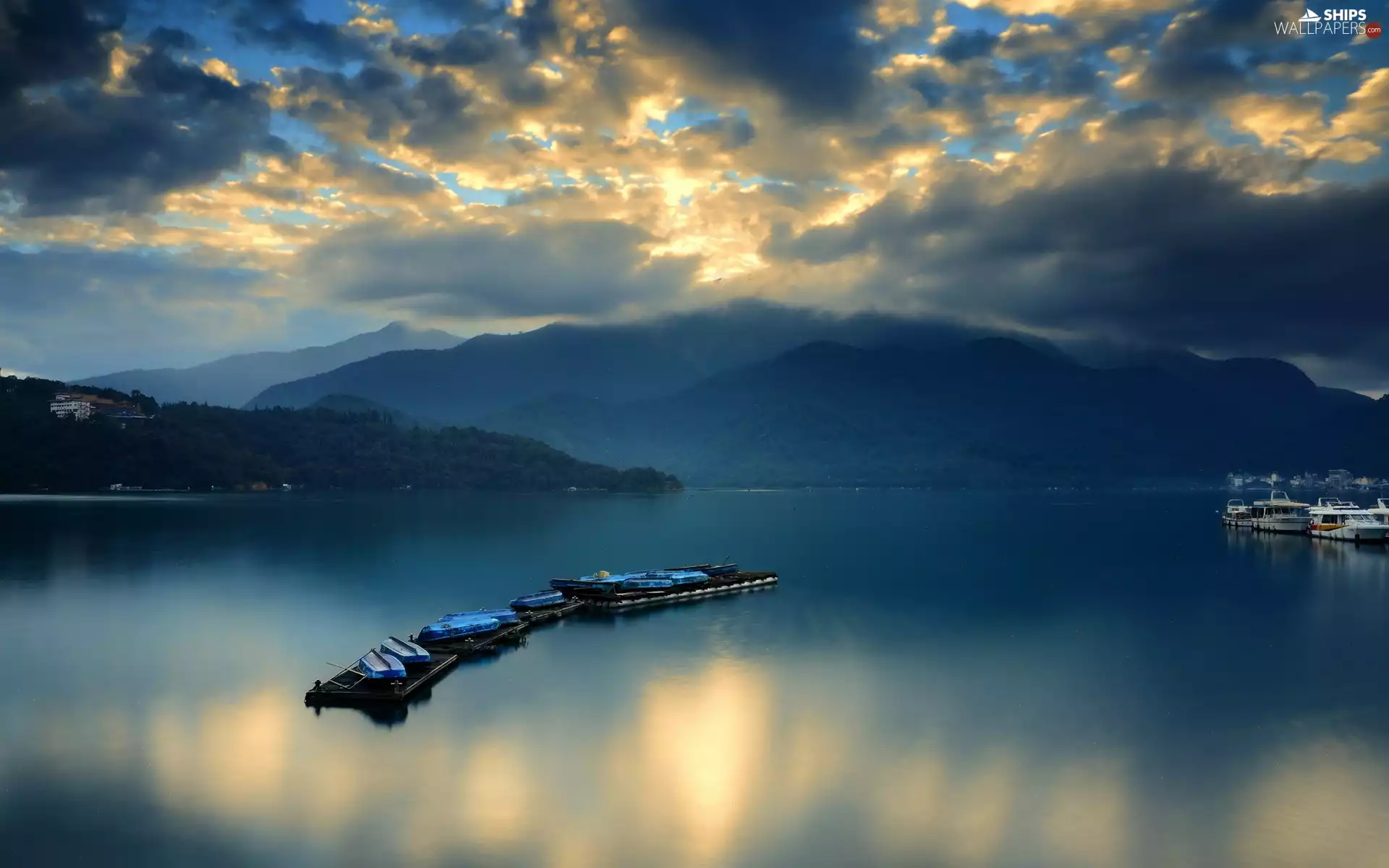 Boats, River, Mountains, clouds, Yachts, ark