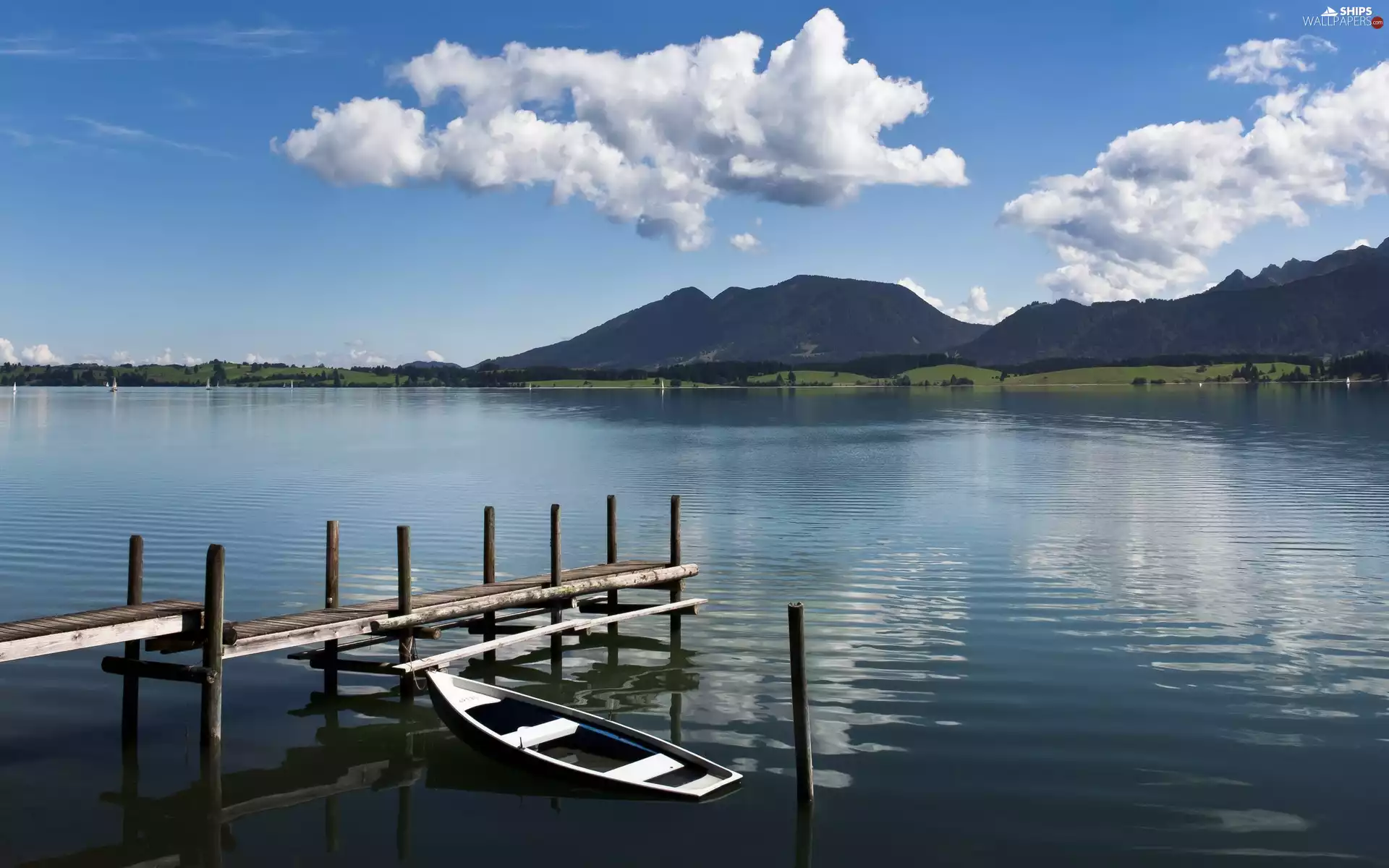 woods, clouds, Boat, Mountains, lake