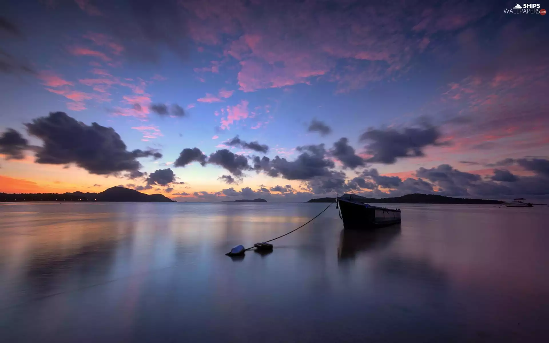 Yacht, moored, Mountains, clouds, lake, Boat