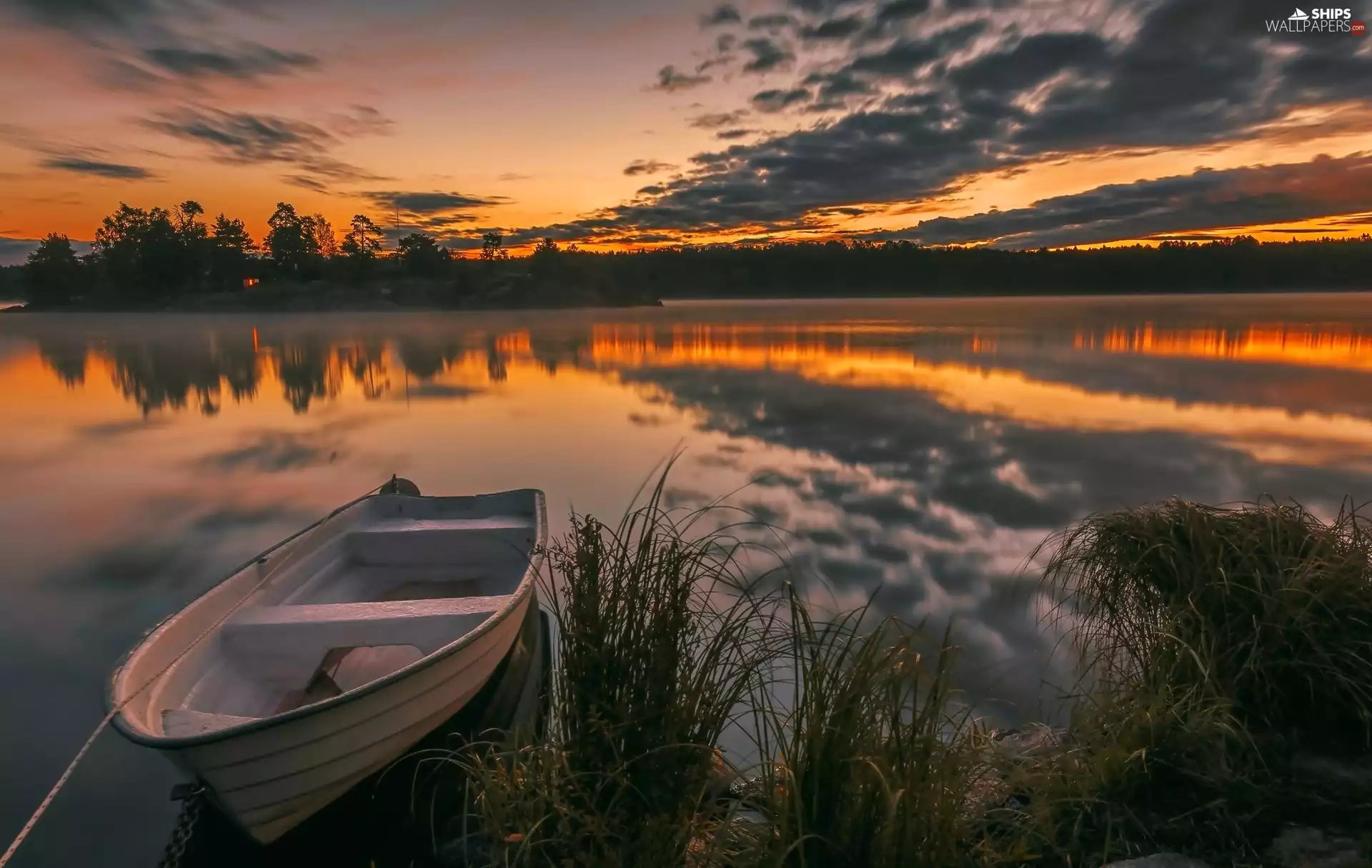 grass, lake, sun, clouds, west, Boat