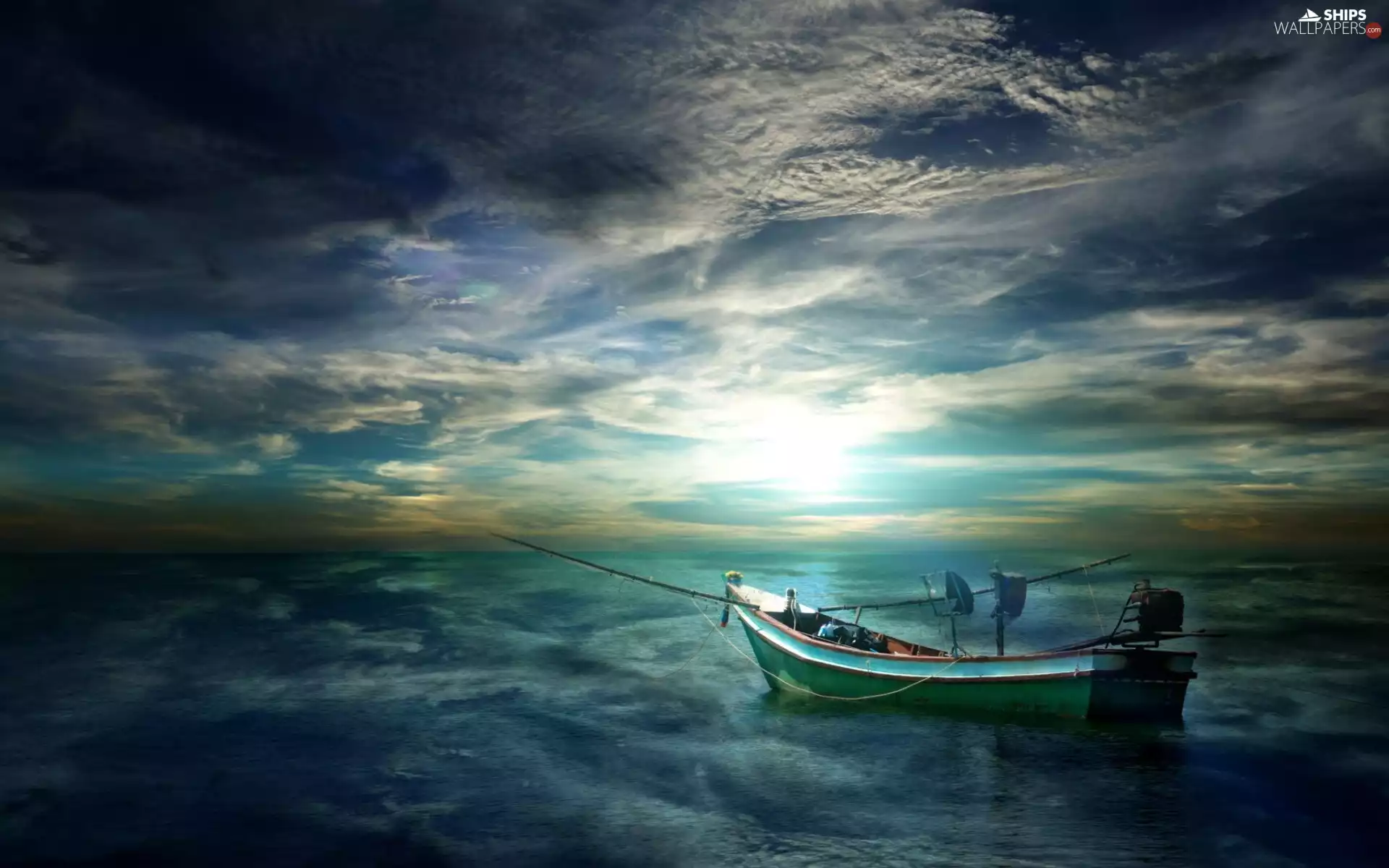 sea, Boat, dark, clouds, Waves, fishing-rod