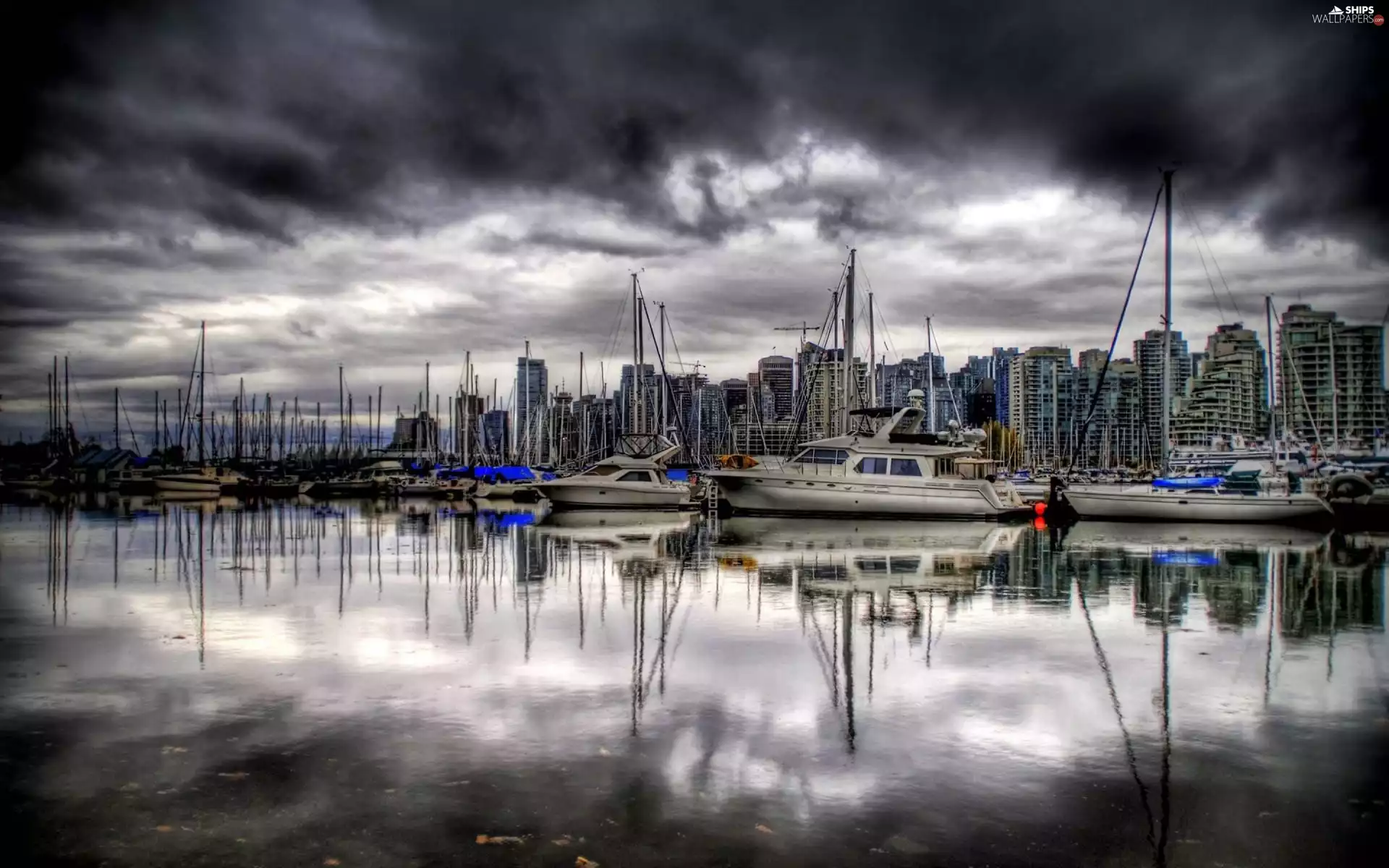 dark, port, Yachts, clouds