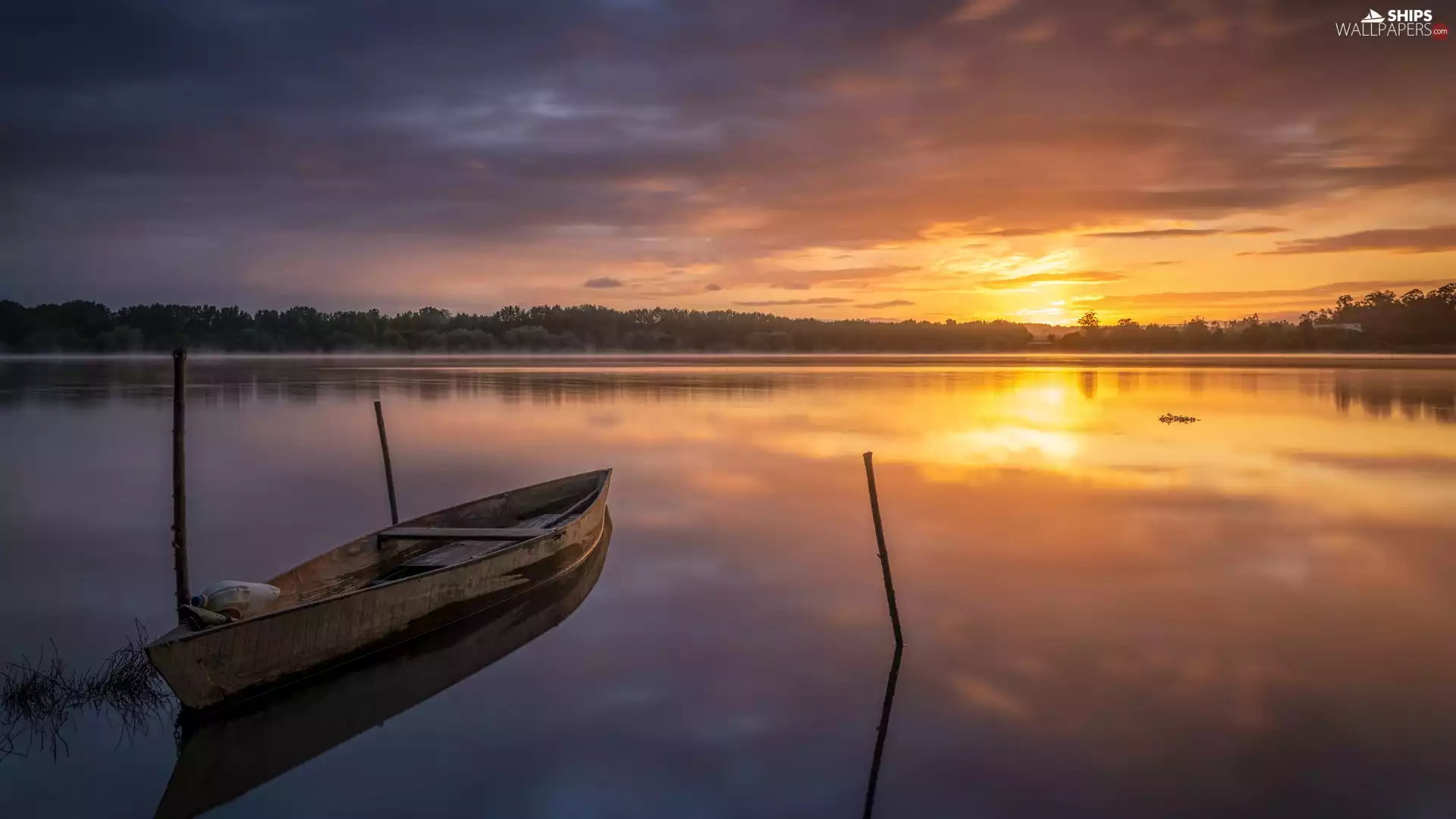viewes, Boat, Great Sunsets, trees, lake, forest, clouds