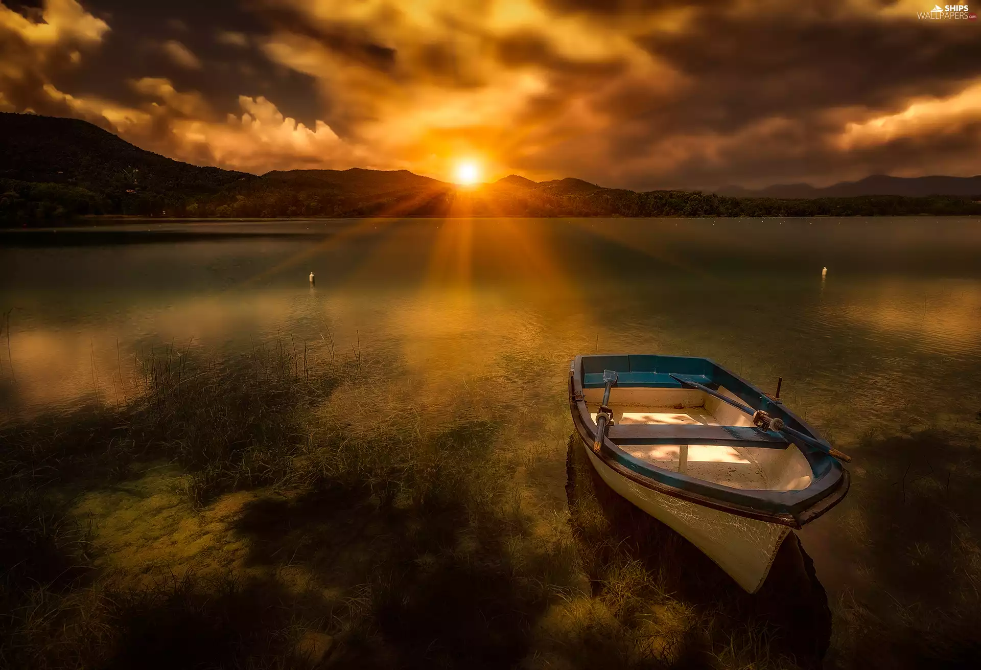 Boat, clouds, Great Sunsets, lake