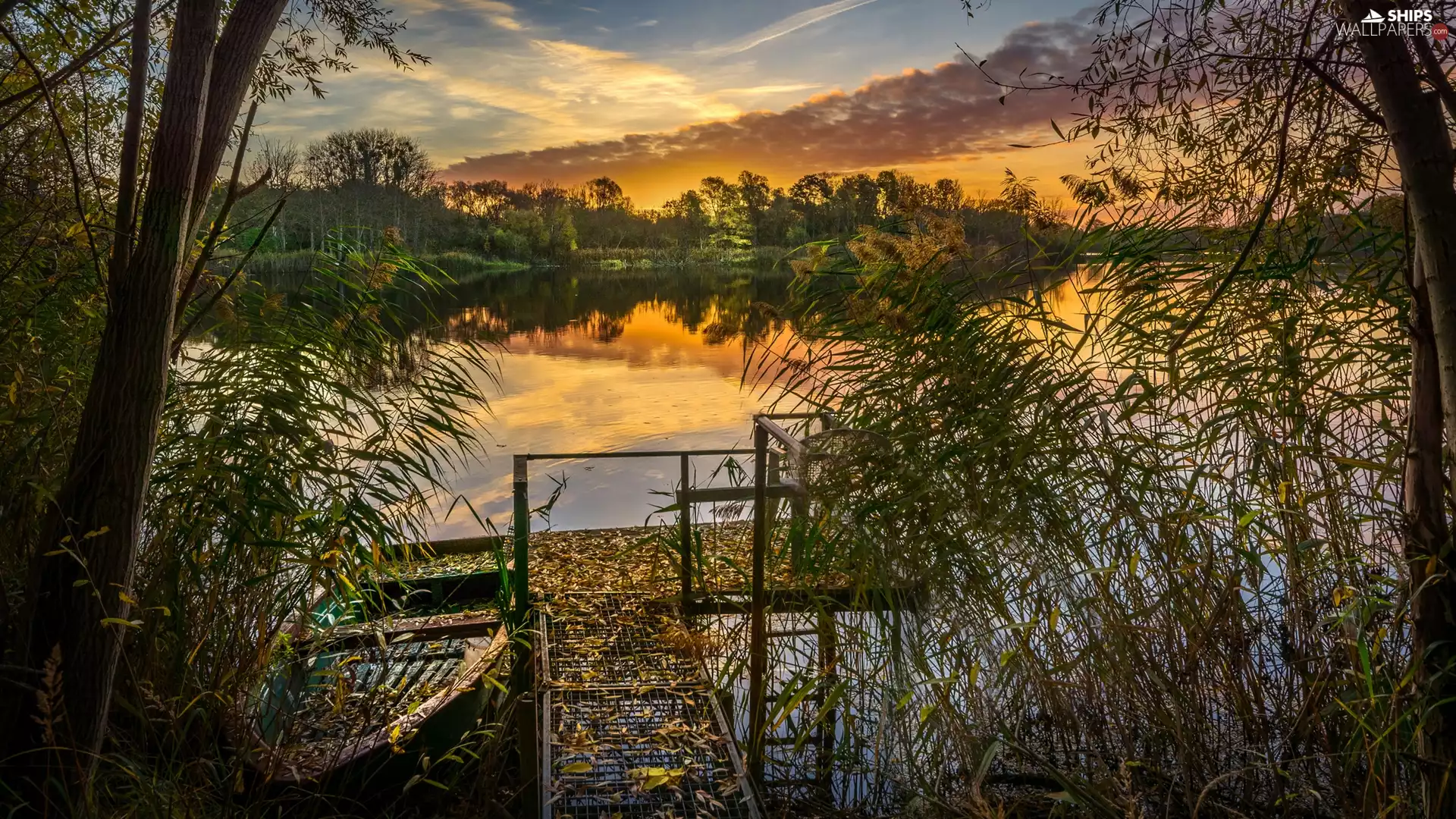 trees, Platform, Great Sunsets, Boat, lake, viewes, clouds