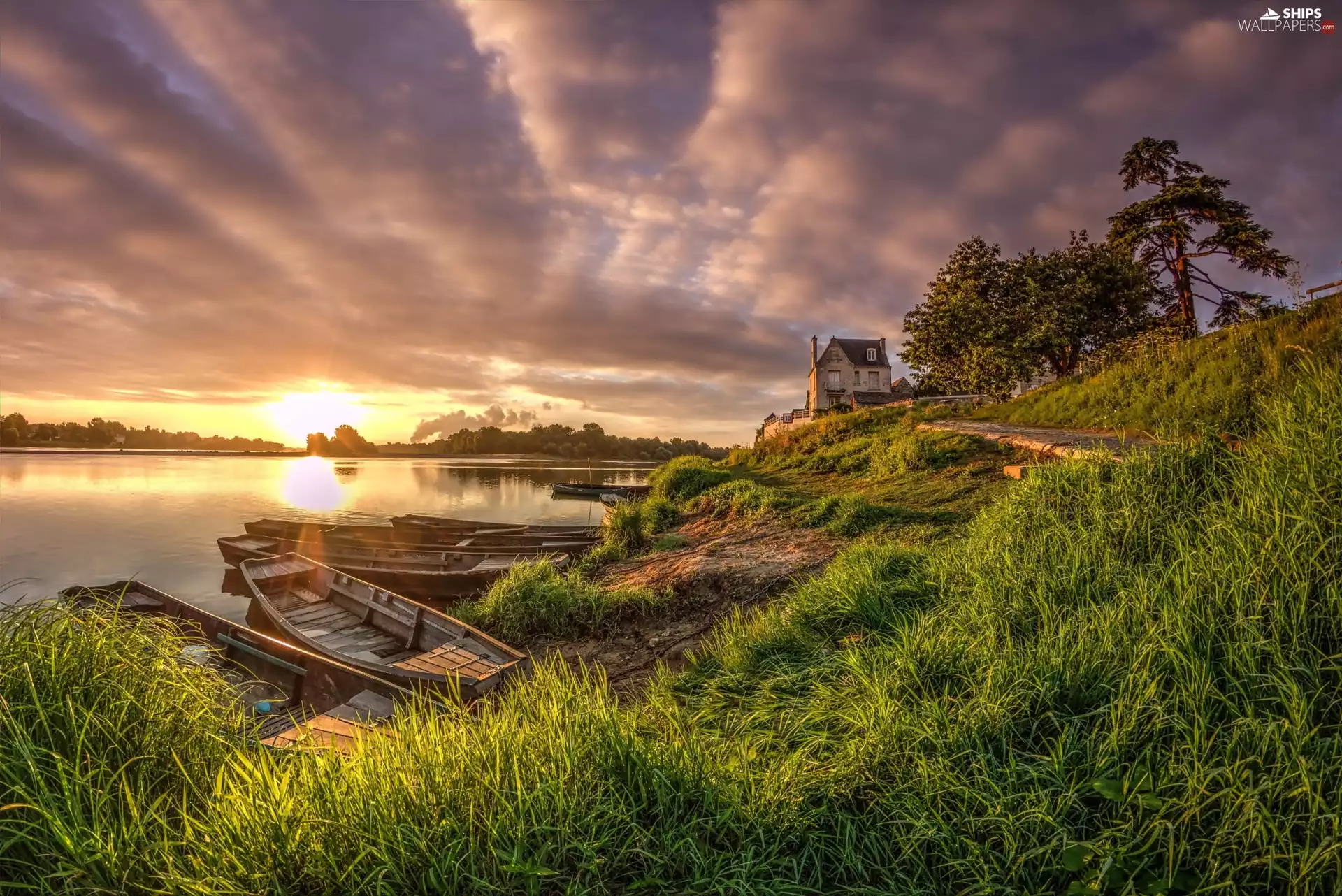 grass, clouds, house, River, boats