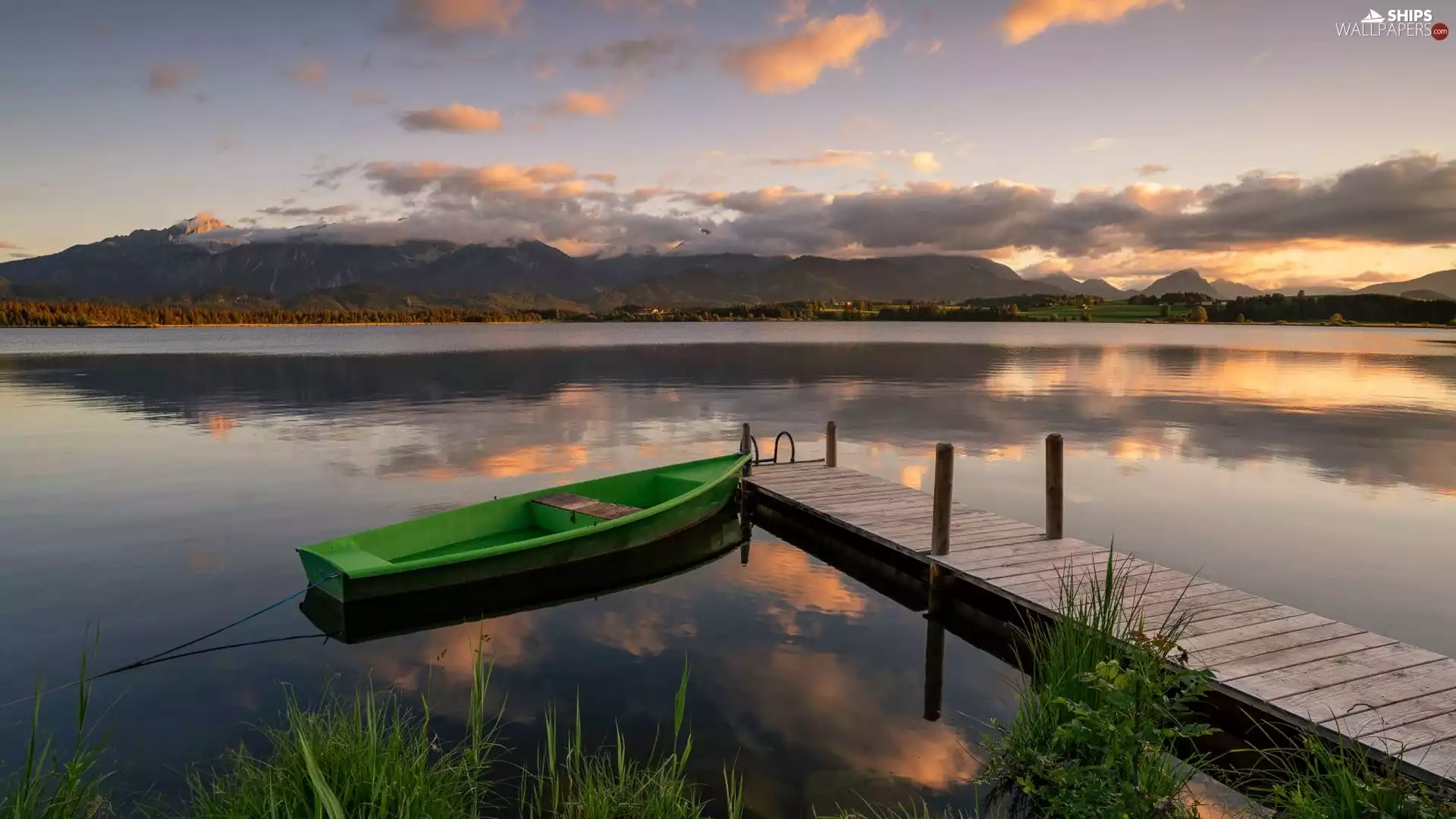 Boat, clouds, lake, Platform, Mountains