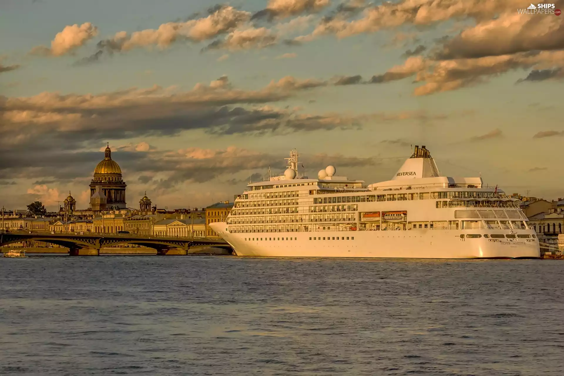 passenger, clouds, River, Ship, bridge