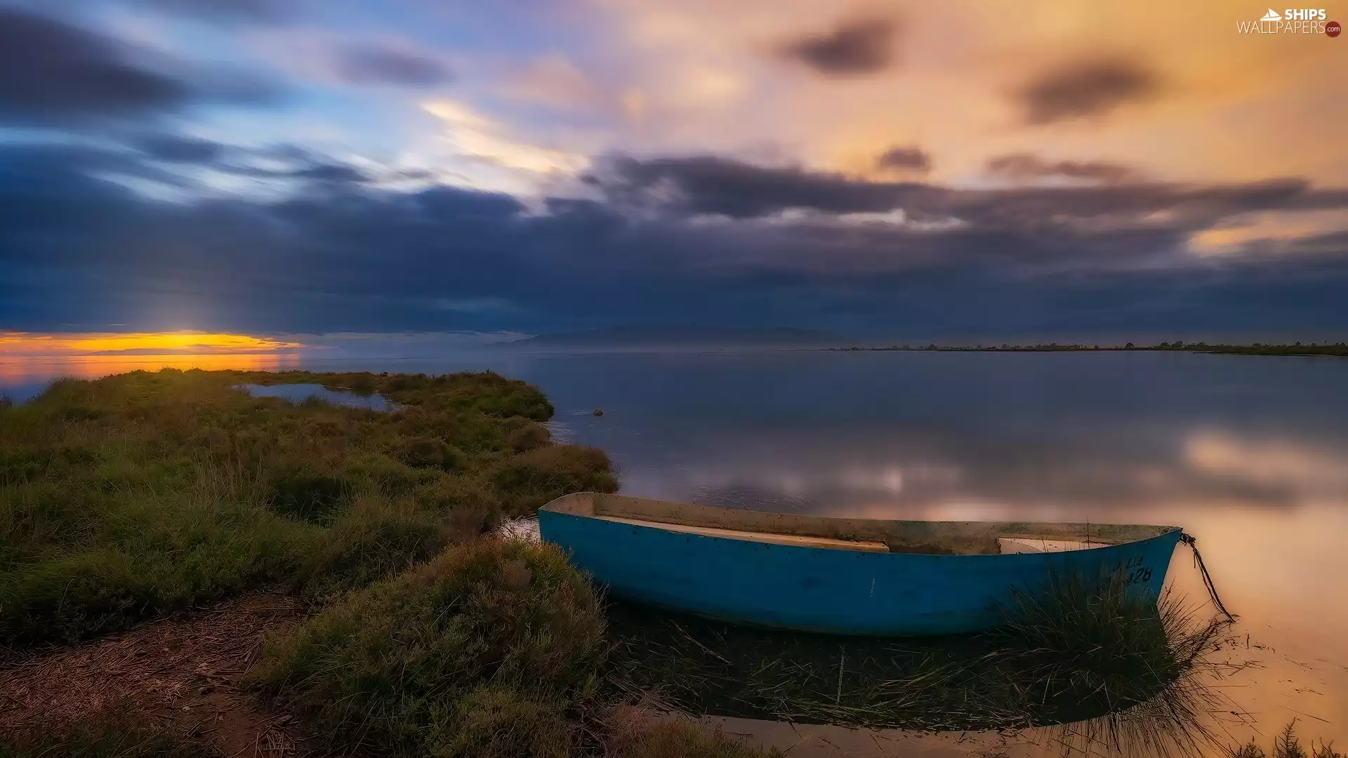 Great Sunsets, sea, clouds, grass, Boat, Gulf