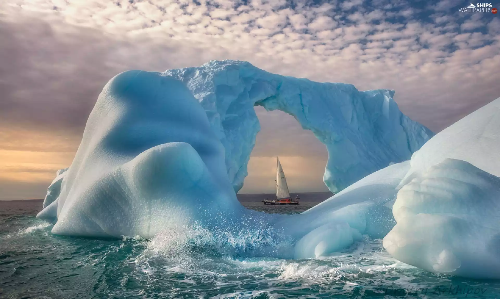 Ice, sailing vessel, clouds, mountains, sea